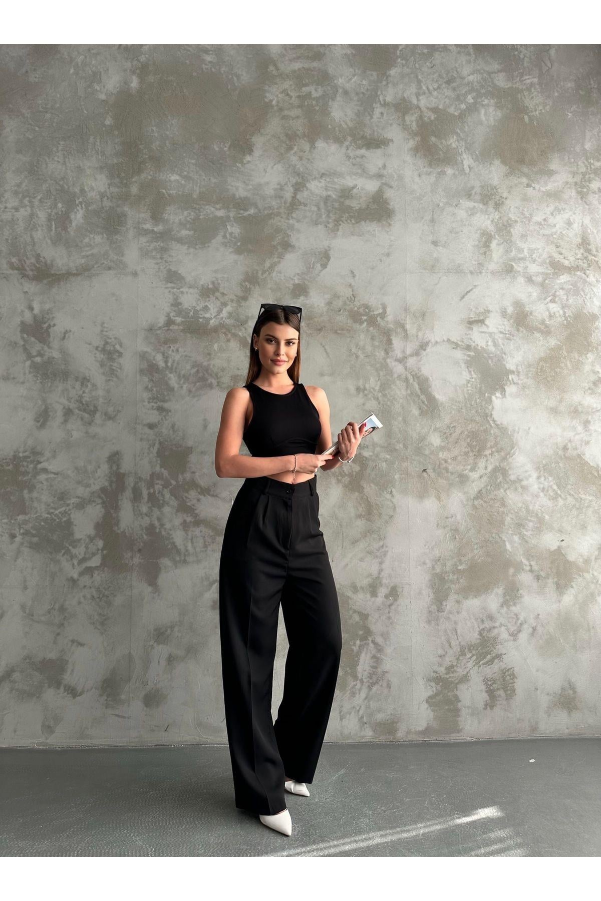Siyah Palazzo Pantolon Oversize  Kesim