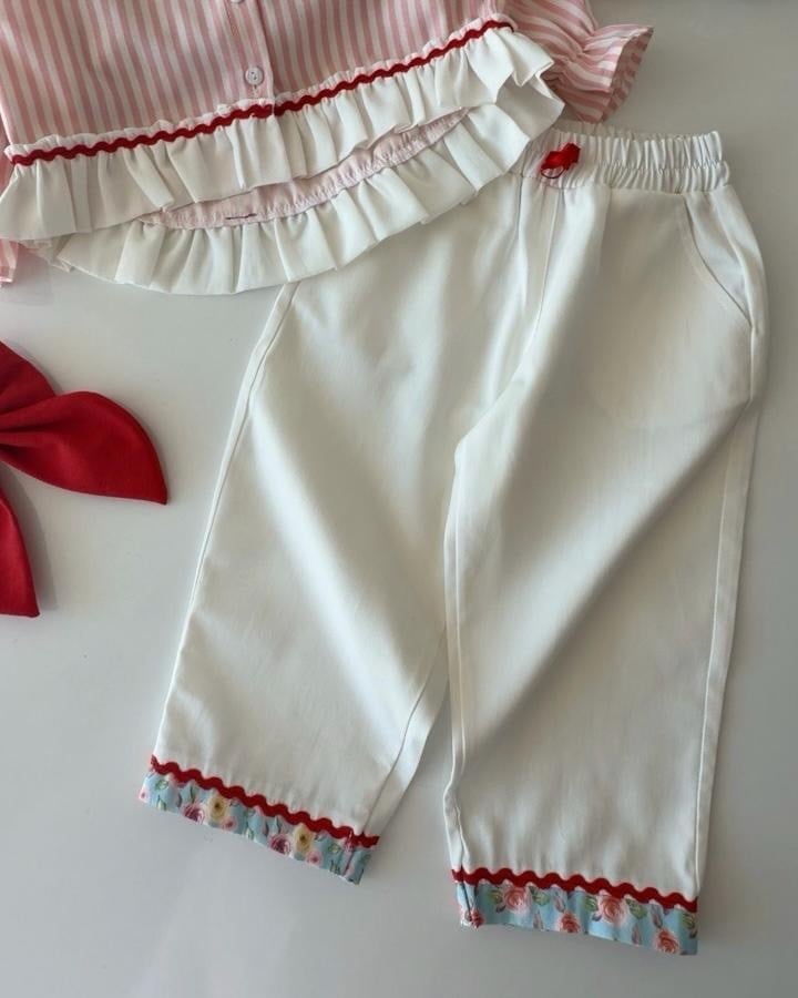 10 EYLÜL KARGO!!Pembe Çizgili Gömlek & Ekru Bol Paça Pantolon Kombini 