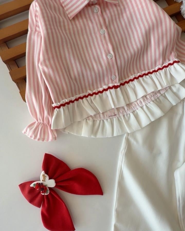 10 EYLÜL KARGO!!Pembe Çizgili Gömlek & Ekru Bol Paça Pantolon Kombini 