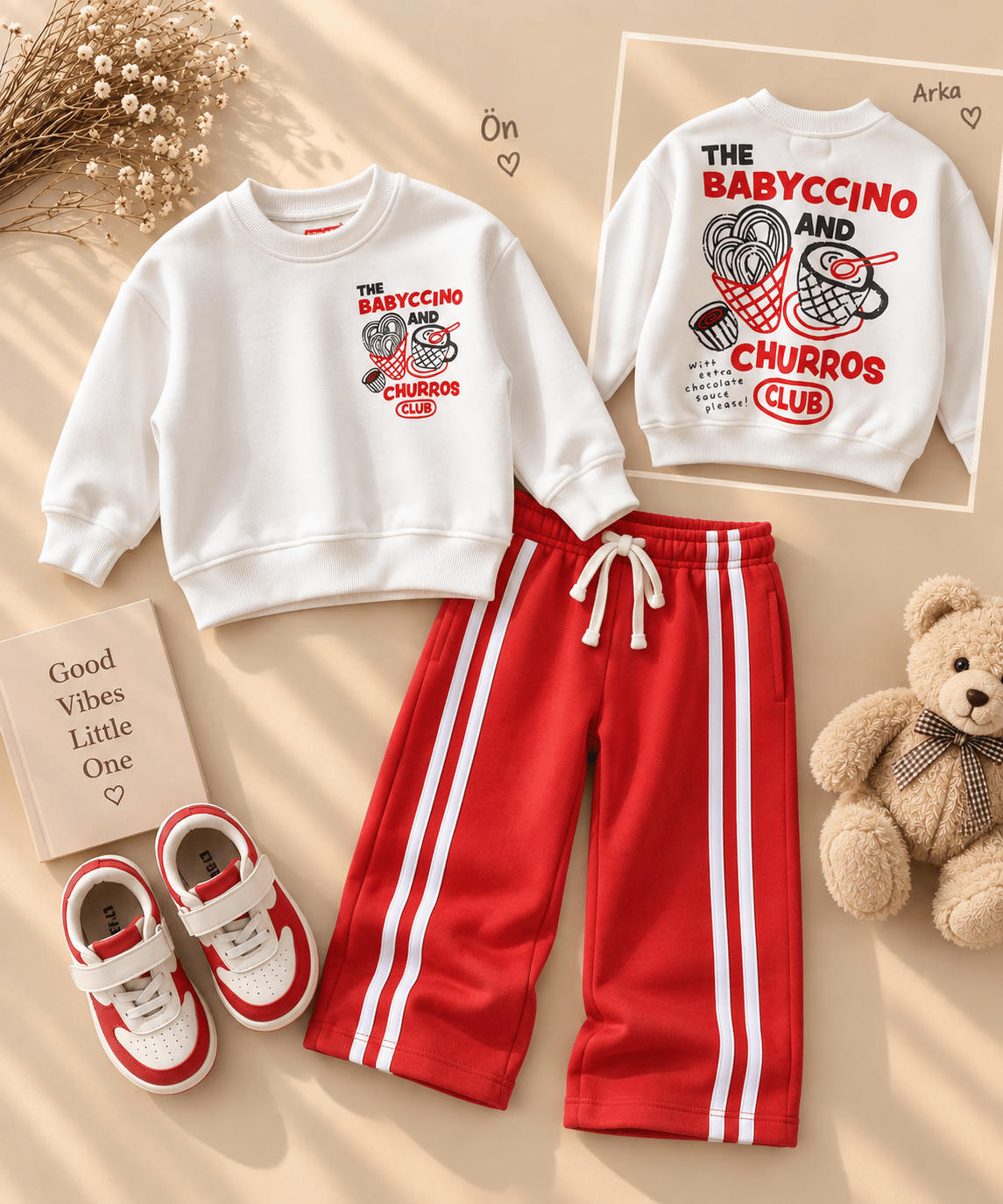 Babyccino Çizgili Unisex Eşofman Takım - Kırmızı Beyaz