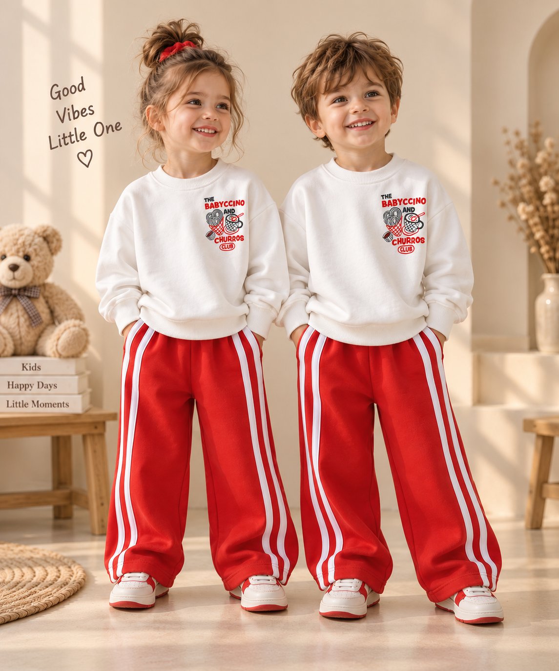 Babyccino Çizgili Unisex Eşofman Takım - Kırmızı Beyaz