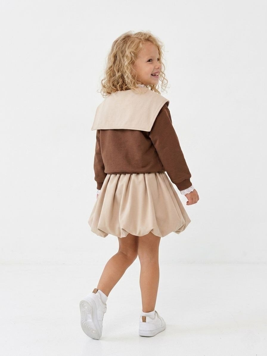 Bağlama Yaka Balon Etekli Kız Çocuk Takım - Kahve.