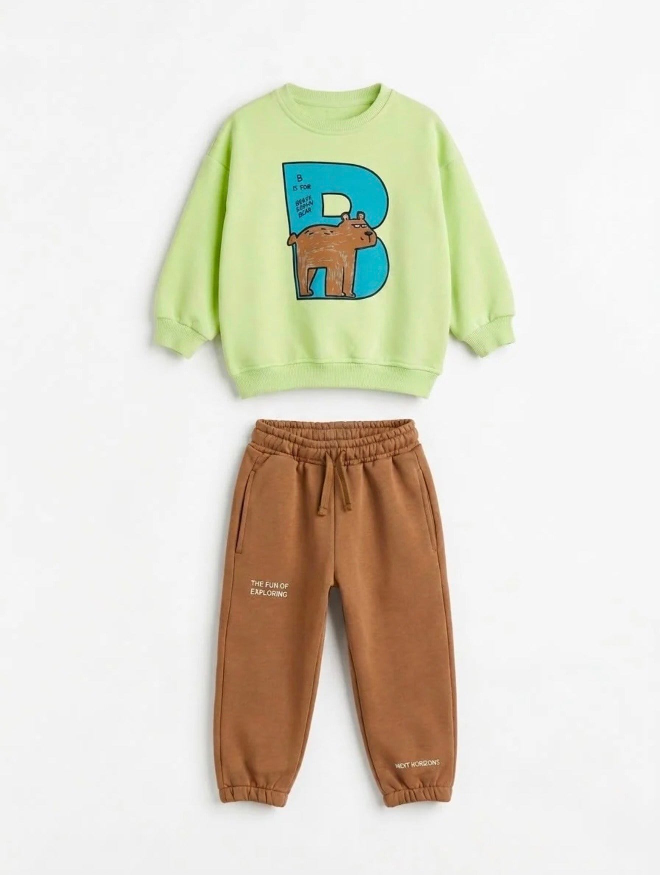 Bear Yeşil Sweatshirt Kahverengi Jogger Pantolon Çocuk Takım