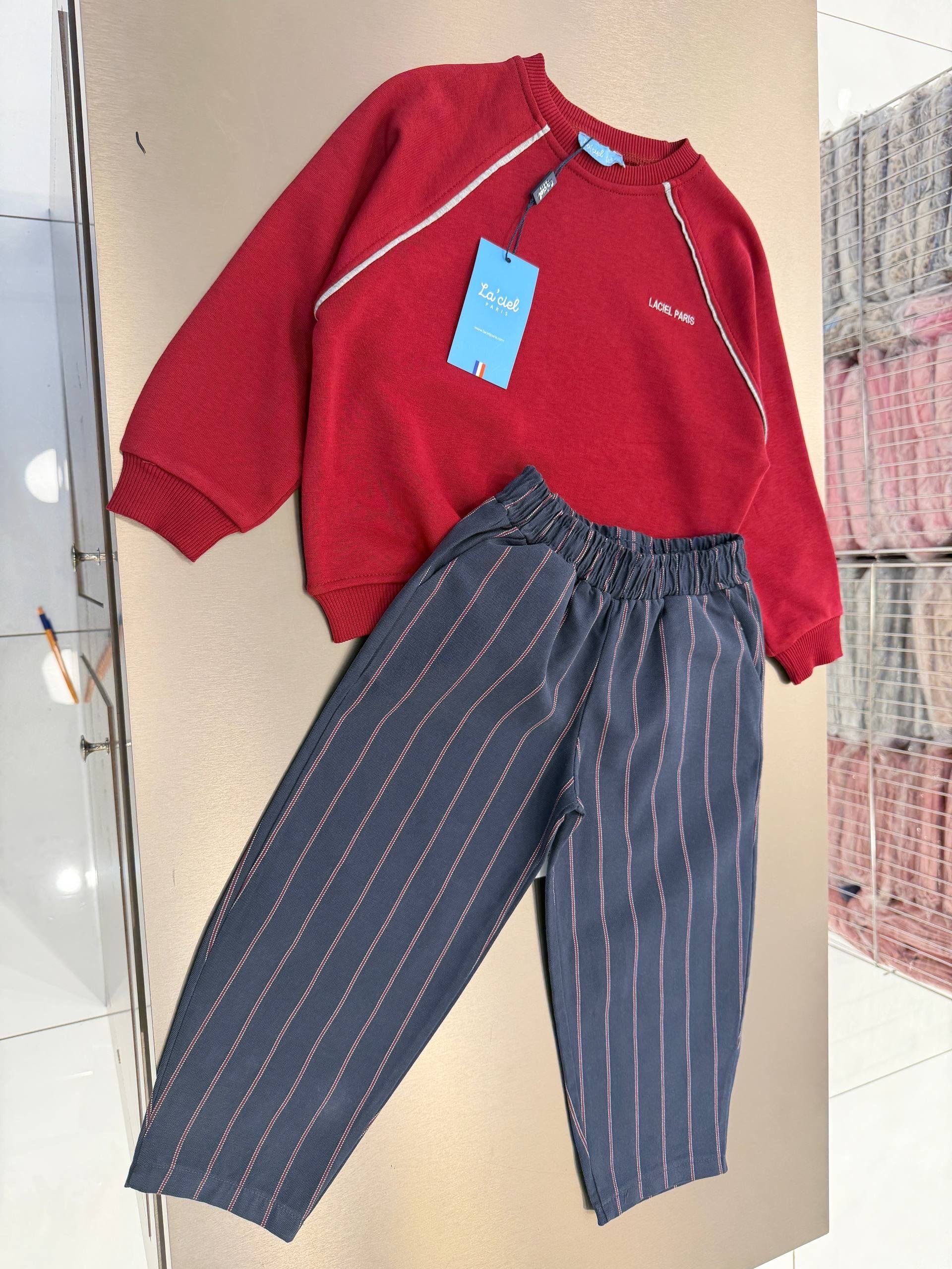 Bordo Sweatshirt Çizgili Pantolon Erkek Çocuk İkili Takım