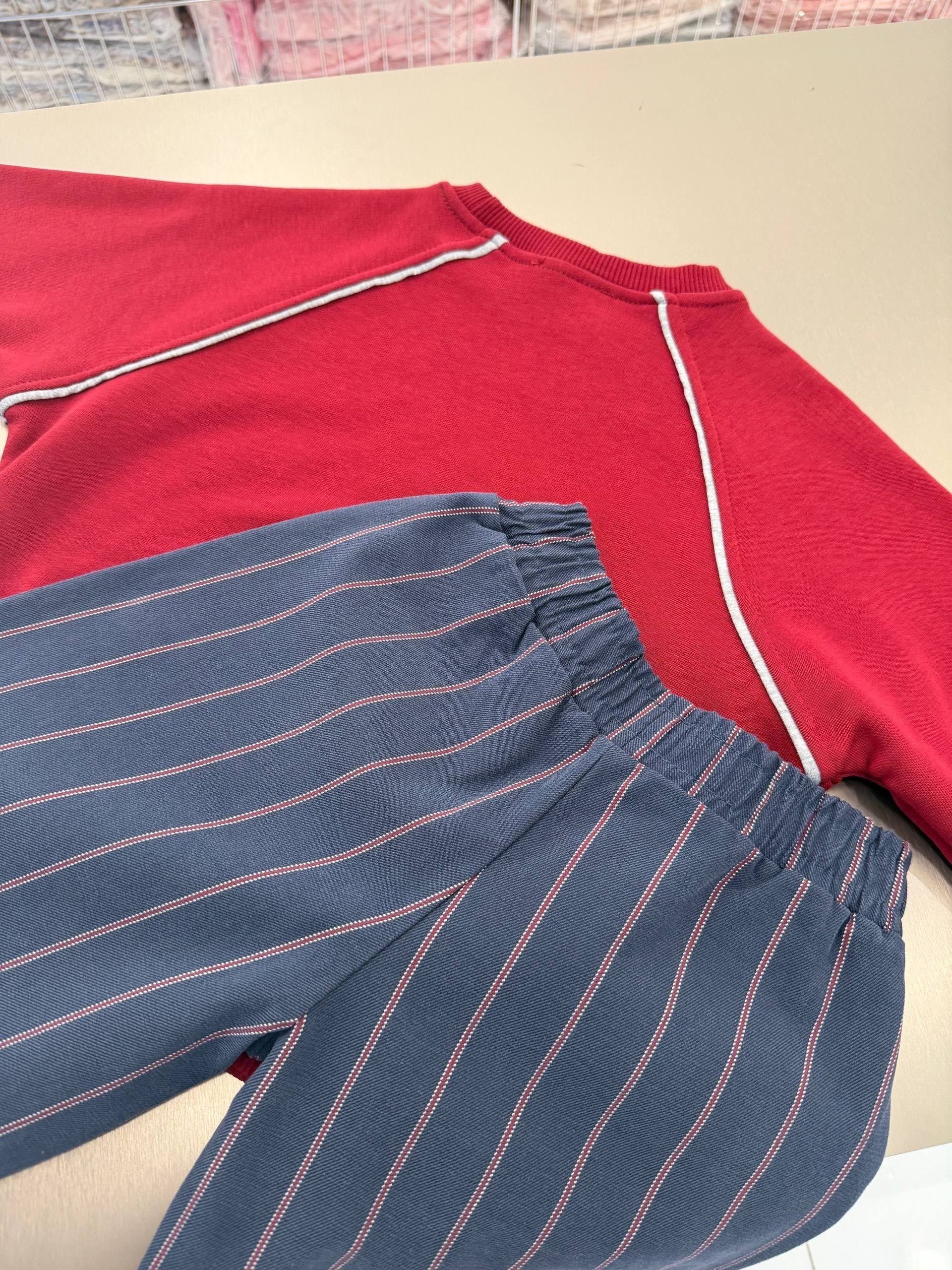 Bordo Sweatshirt Çizgili Pantolon Erkek Çocuk İkili Takım