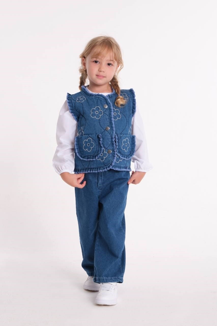 Çiçek Nakışlı Denim Yelekli Kız Çocuk 3'lü Takım