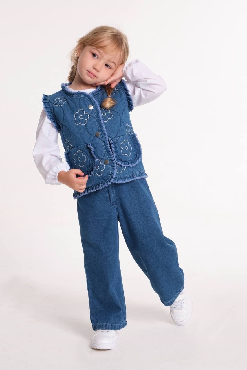 Çiçek Nakışlı Denim Yelekli Kız Çocuk 3'lü Takım