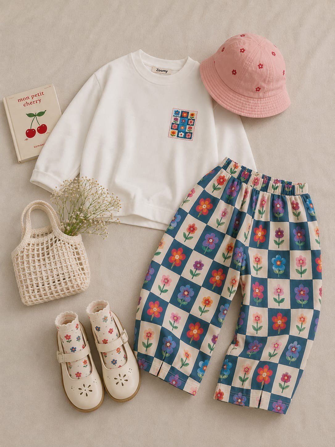 Çiçekli Dama Desenli Kız Çocuk Sweatshirt Pantolon Takım