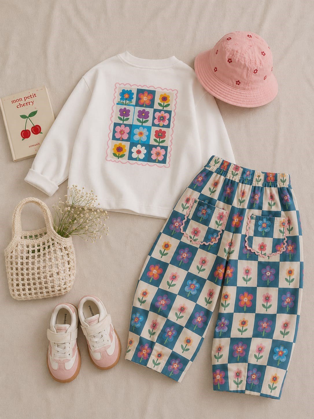 Çiçekli Dama Desenli Kız Çocuk Sweatshirt Pantolon Takım