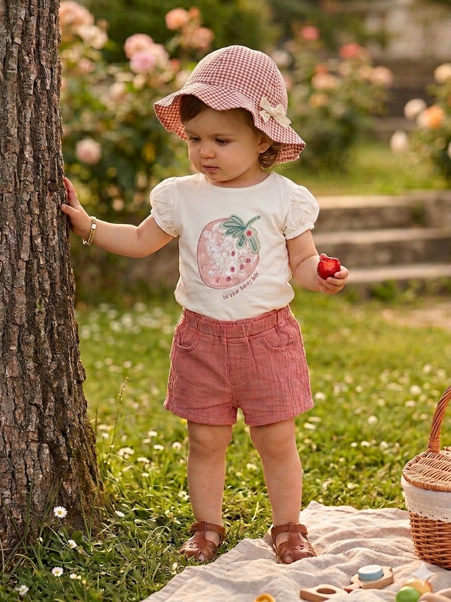 Çilek Detaylı Muslin 3' lü Takım - Pembe