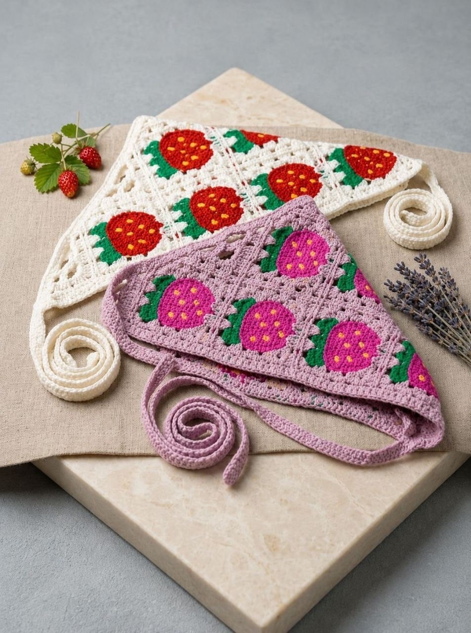 Çilekli Örgü Bandana - Pembe