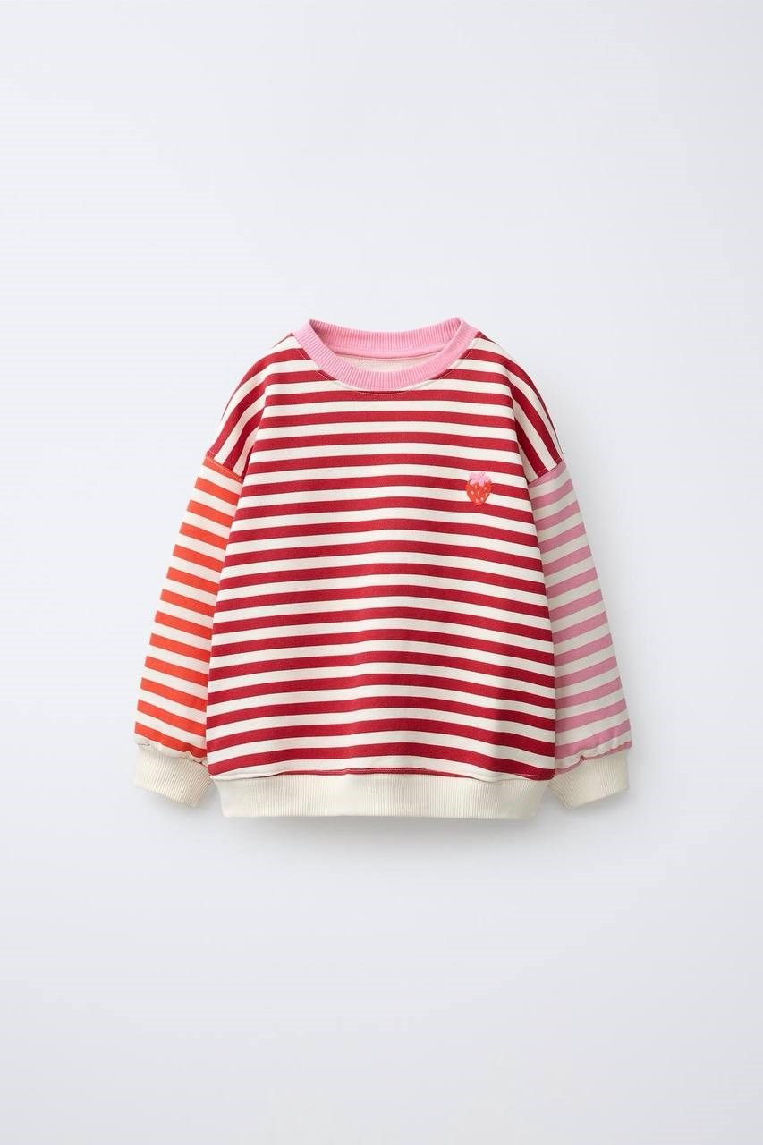 Çizgili Çilek Nakışlı Sweatshirt - Kırmızı Pembe