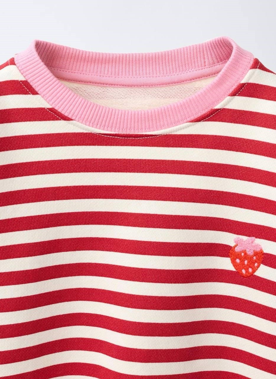 Çizgili Çilek Nakışlı Sweatshirt - Kırmızı Pembe