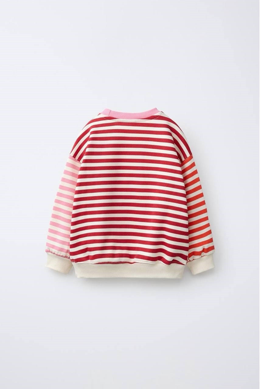Çizgili Çilek Nakışlı Sweatshirt - Kırmızı Pembe