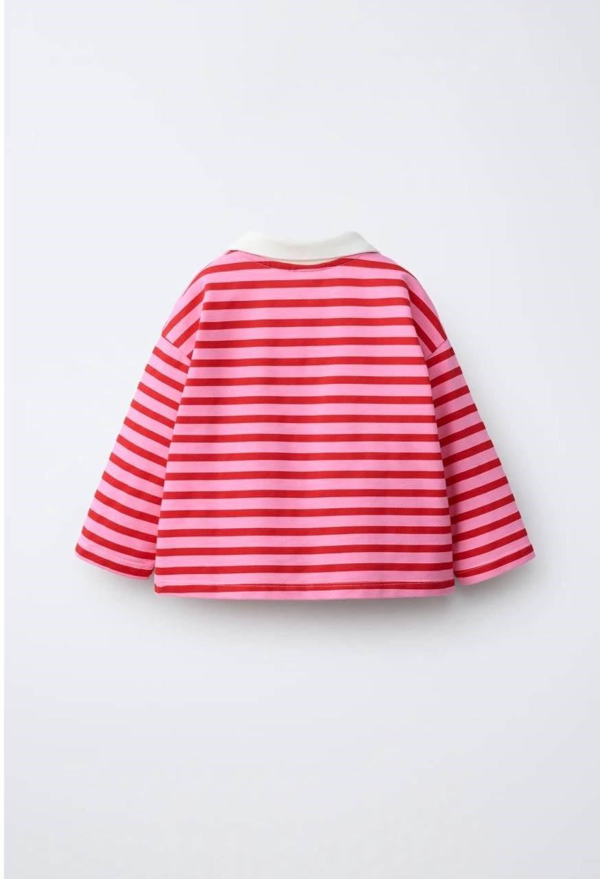 Çizgili Yakalı Sweatshirt - Kırmızı Pembe
