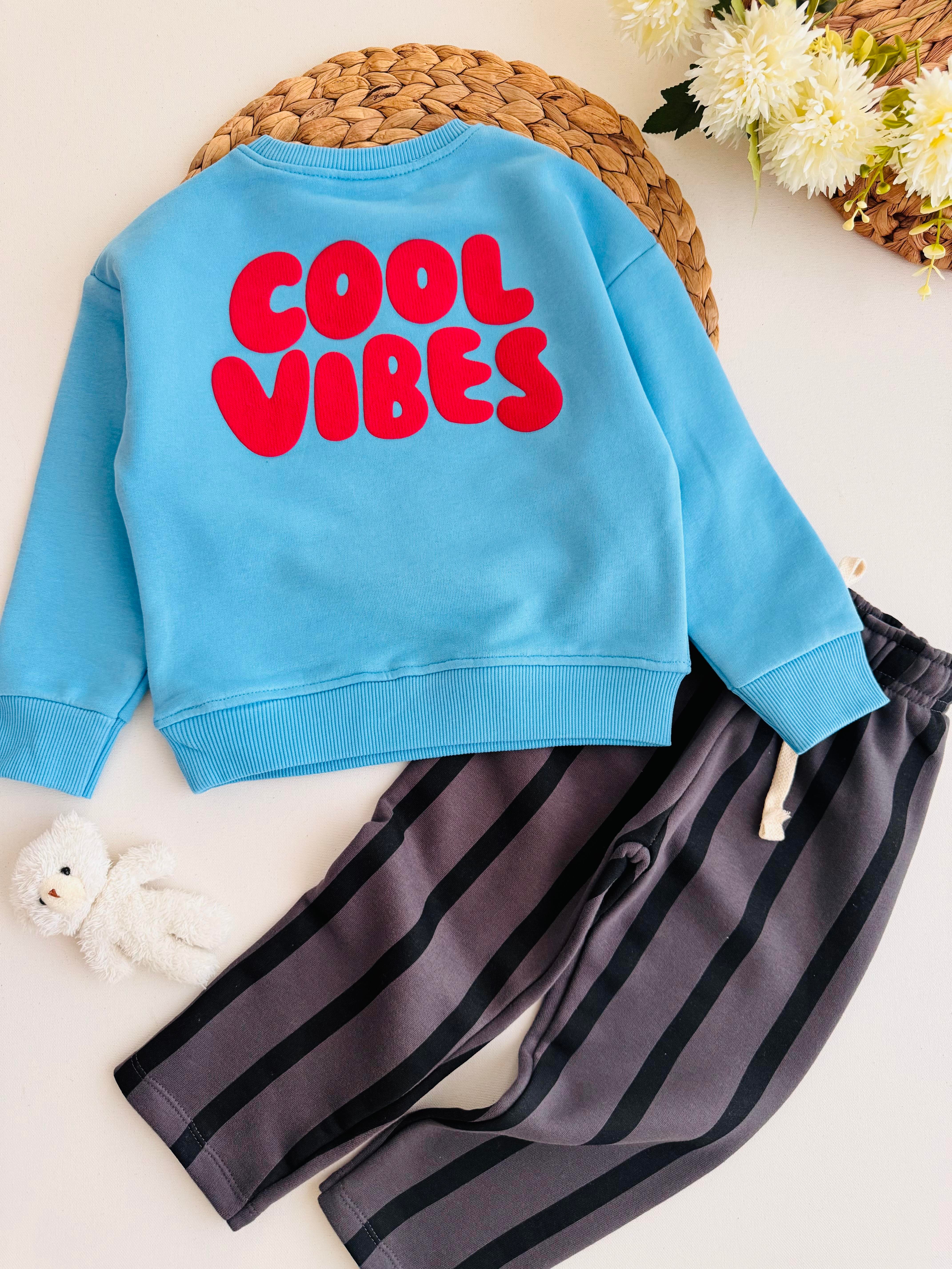 Cool Vibes Baskılı Çizgili Takım - Mavi