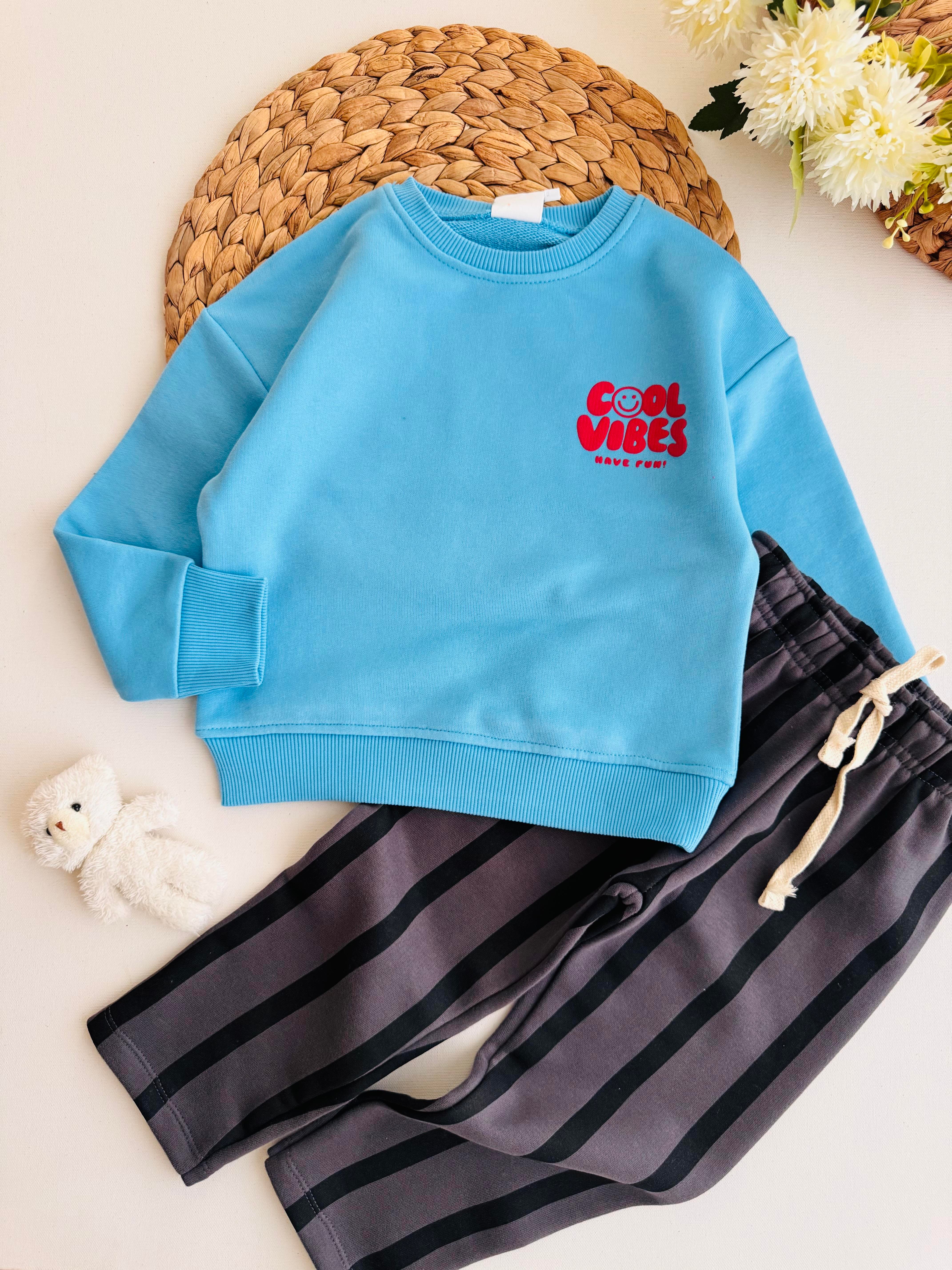 Cool Vibes Baskılı Çizgili Takım - Mavi