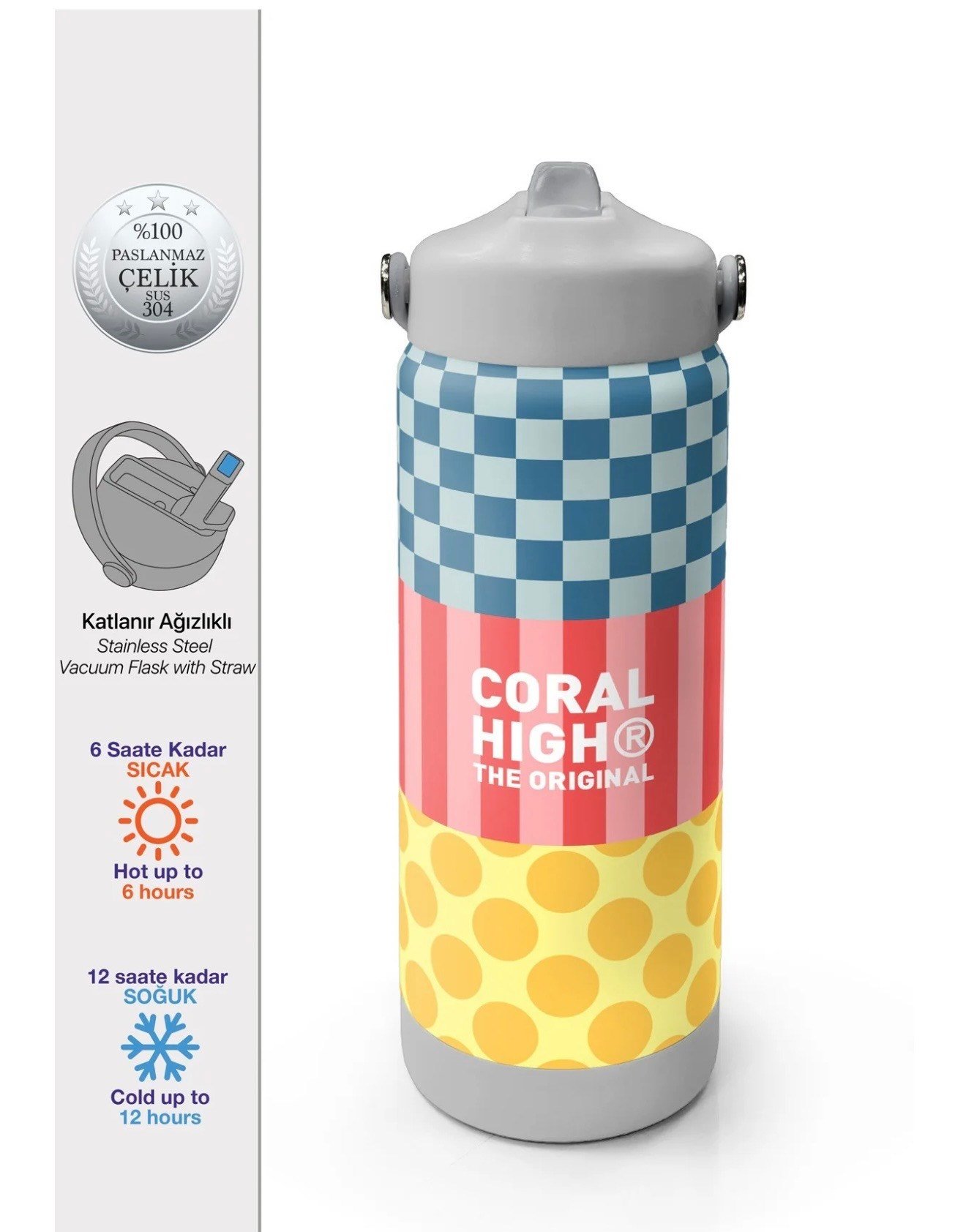 Coral High Çok Renkli Dama Çizgi Puantiye Desenli Katlanır Ağızlıklı Çelik Termos 650 ml 38304