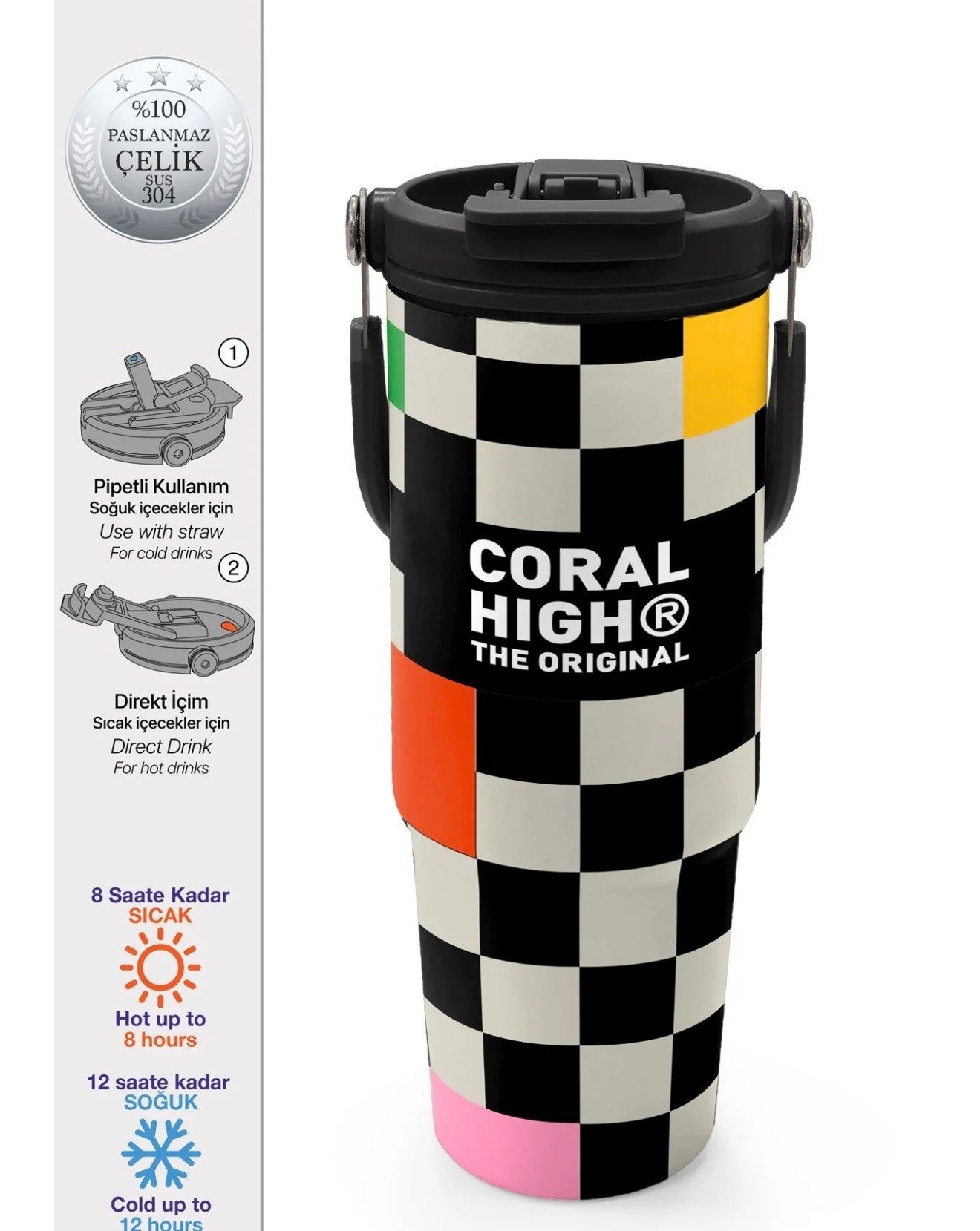 Coral High Dama Desenli Pipetli ve Direkt İçim Çelik Termos 900 ml 38703