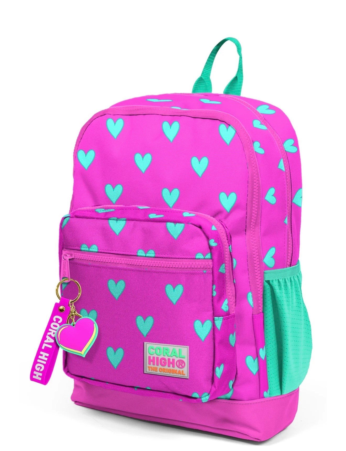 Coral High Kids Neon Pembe Su Yeşili Kalp Desenli 3'lü Okul Çanta Seti