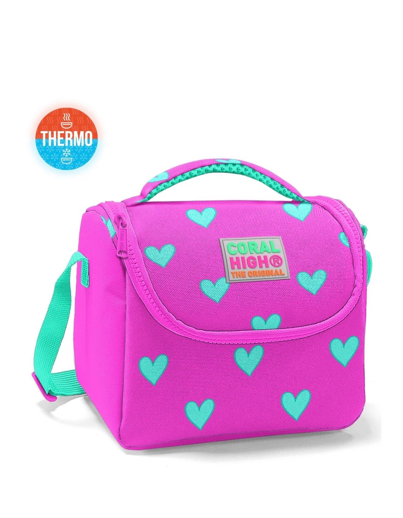 Coral High Kids Neon Pembe Su Yeşili Kalp Desenli 3'lü Okul Çanta Seti