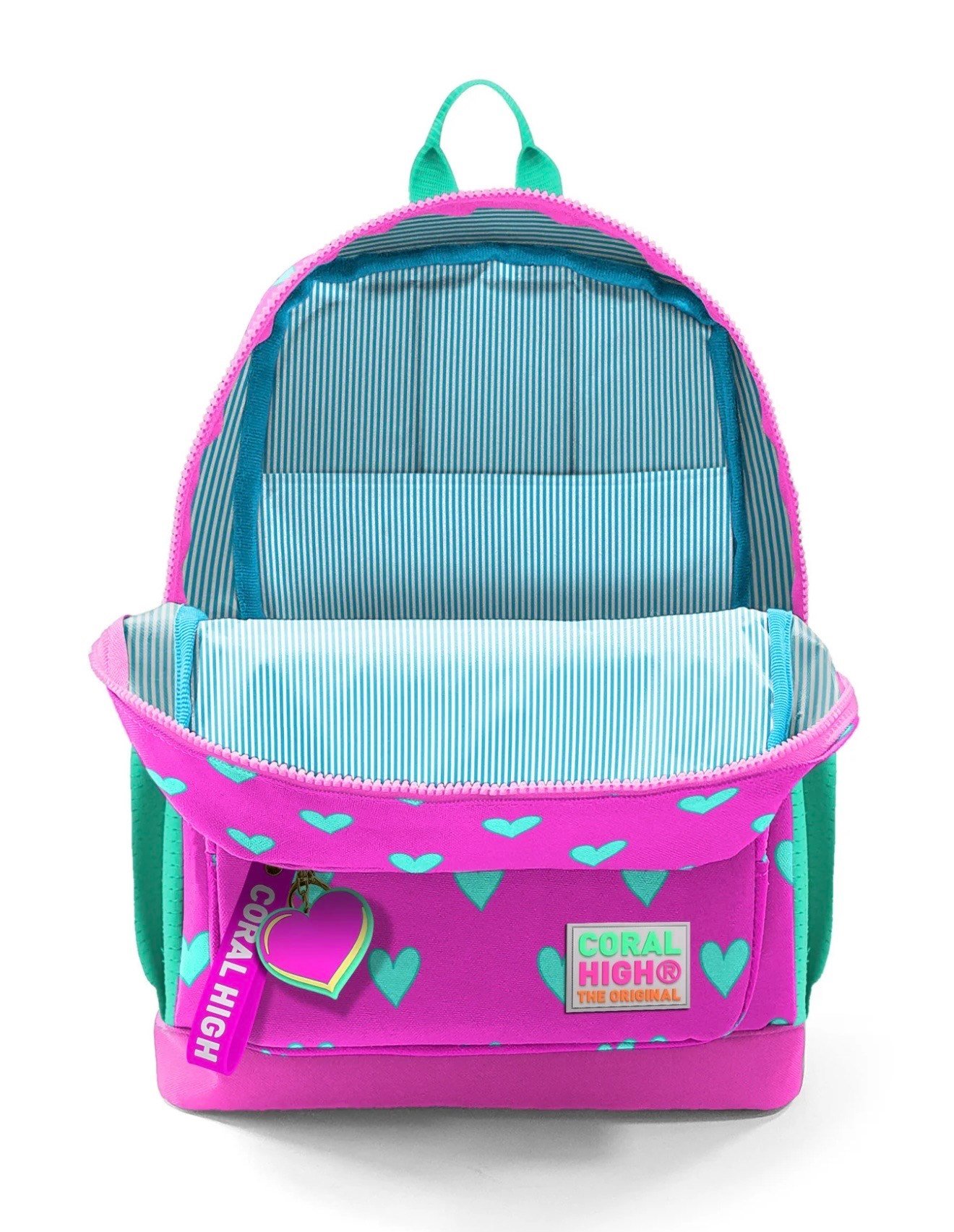 Coral High Kids Neon Pembe Su Yeşili Kalp Desenli 3'lü Okul Çanta Seti