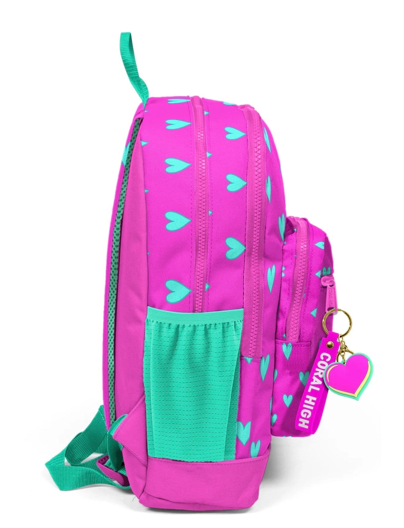 Coral High Kids Neon Pembe Su Yeşili Kalp Desenli 3'lü Okul Çanta Seti