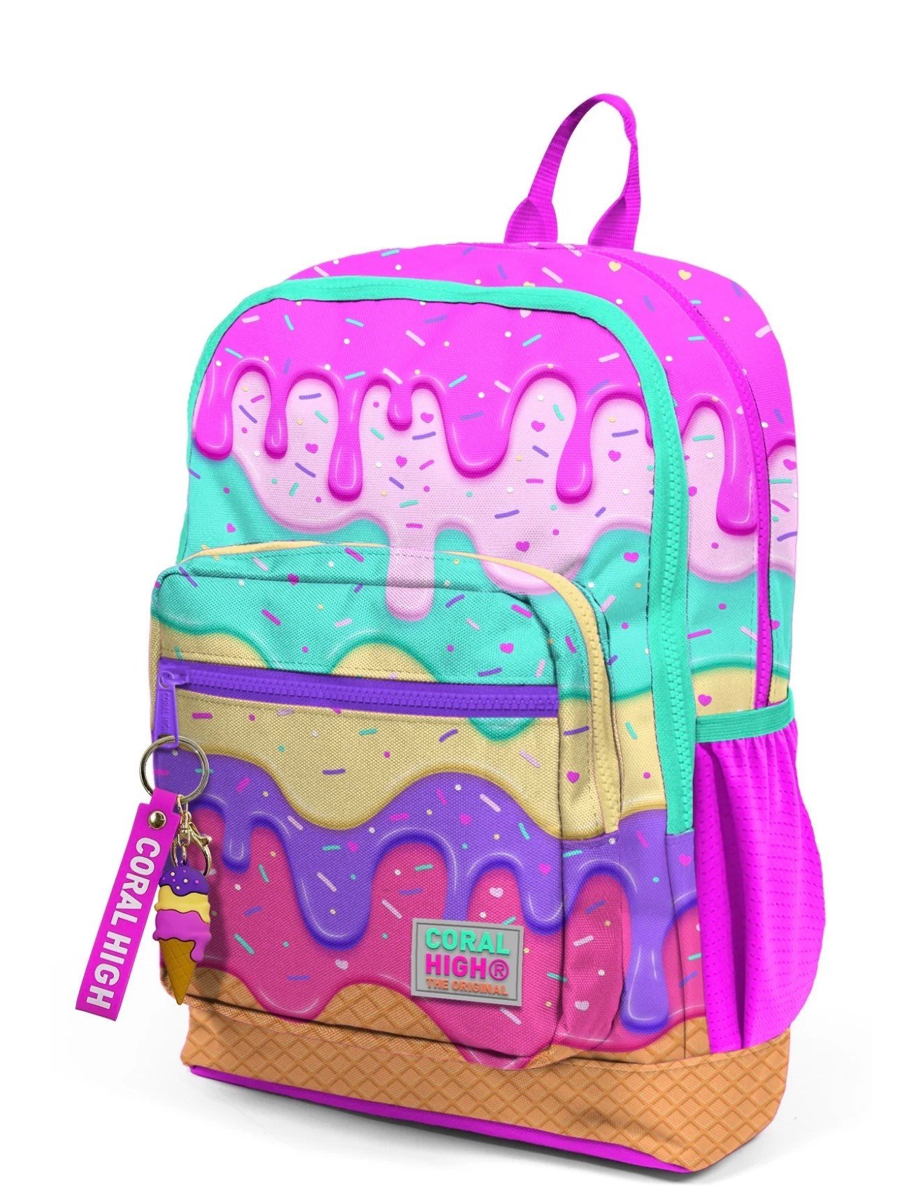 Coral High Kids Pembe Rengarenk Dondurma Desenli 3'lü Okul Çanta Seti SET0123731