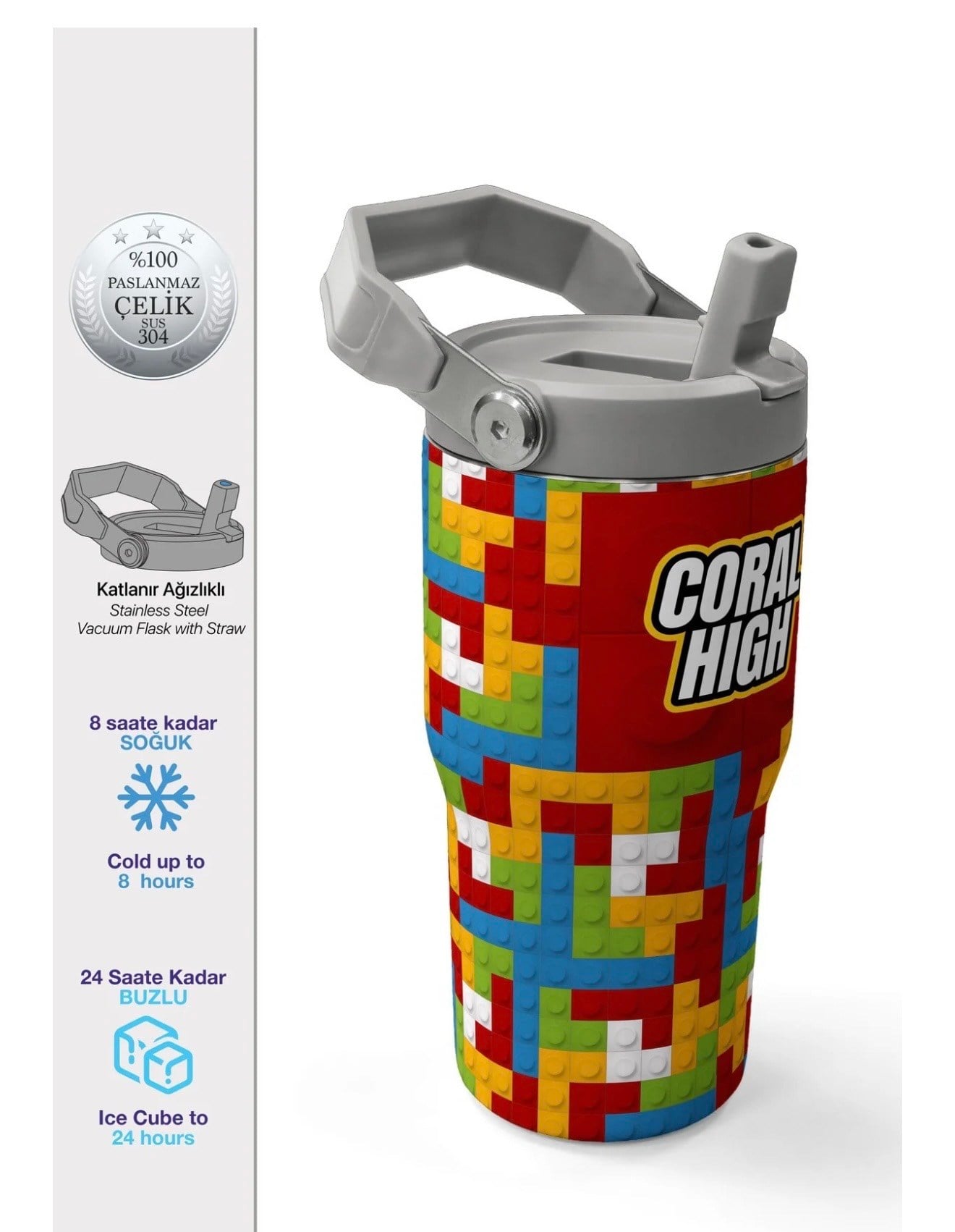 Coral High Lego Renkli Blok Desenli Katlanır Ağızlıklı Çelik Termos 600 ml 38917