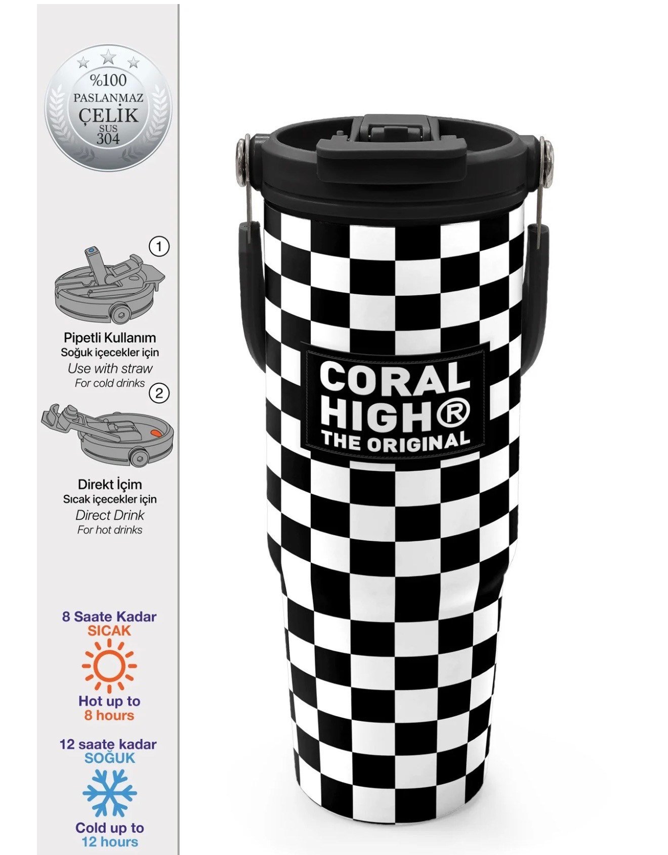 Coral High Siyah Beyaz Dama Desenli Pipetli ve Direkt İçim Çelik Termos 900 ml 38717
