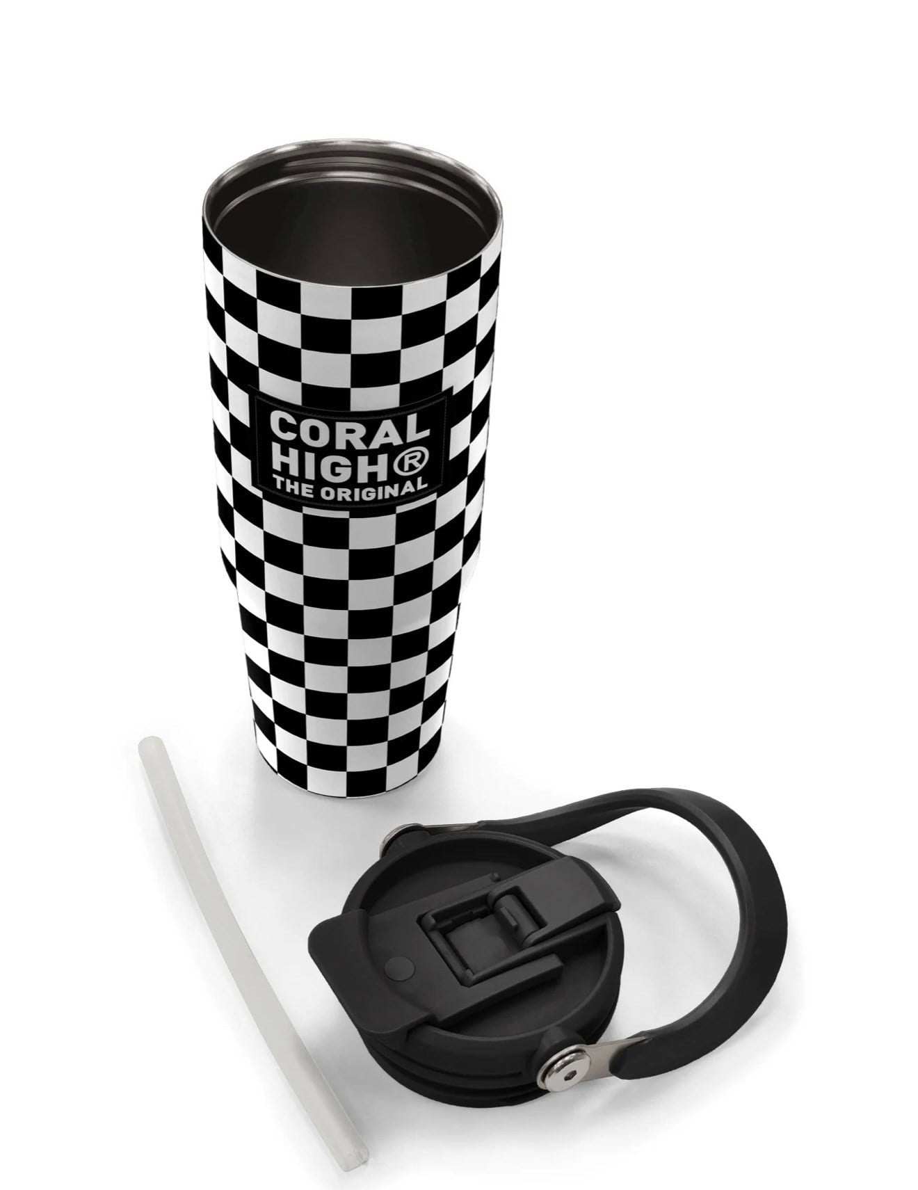 Coral High Siyah Beyaz Dama Desenli Pipetli ve Direkt İçim Çelik Termos 900 ml 38717