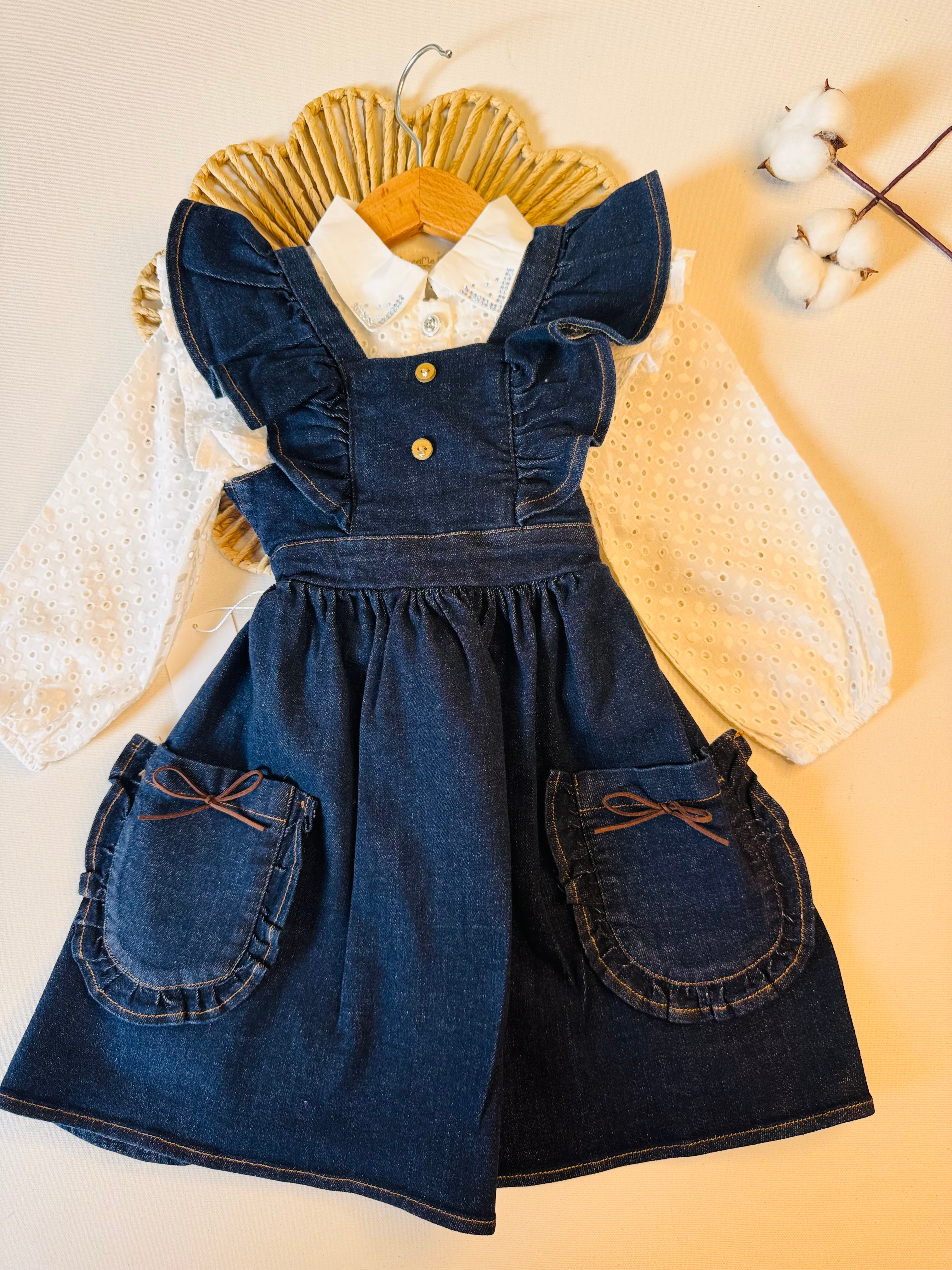 Denim Arka Fiyonk Detaylı Elbise - Lacivert