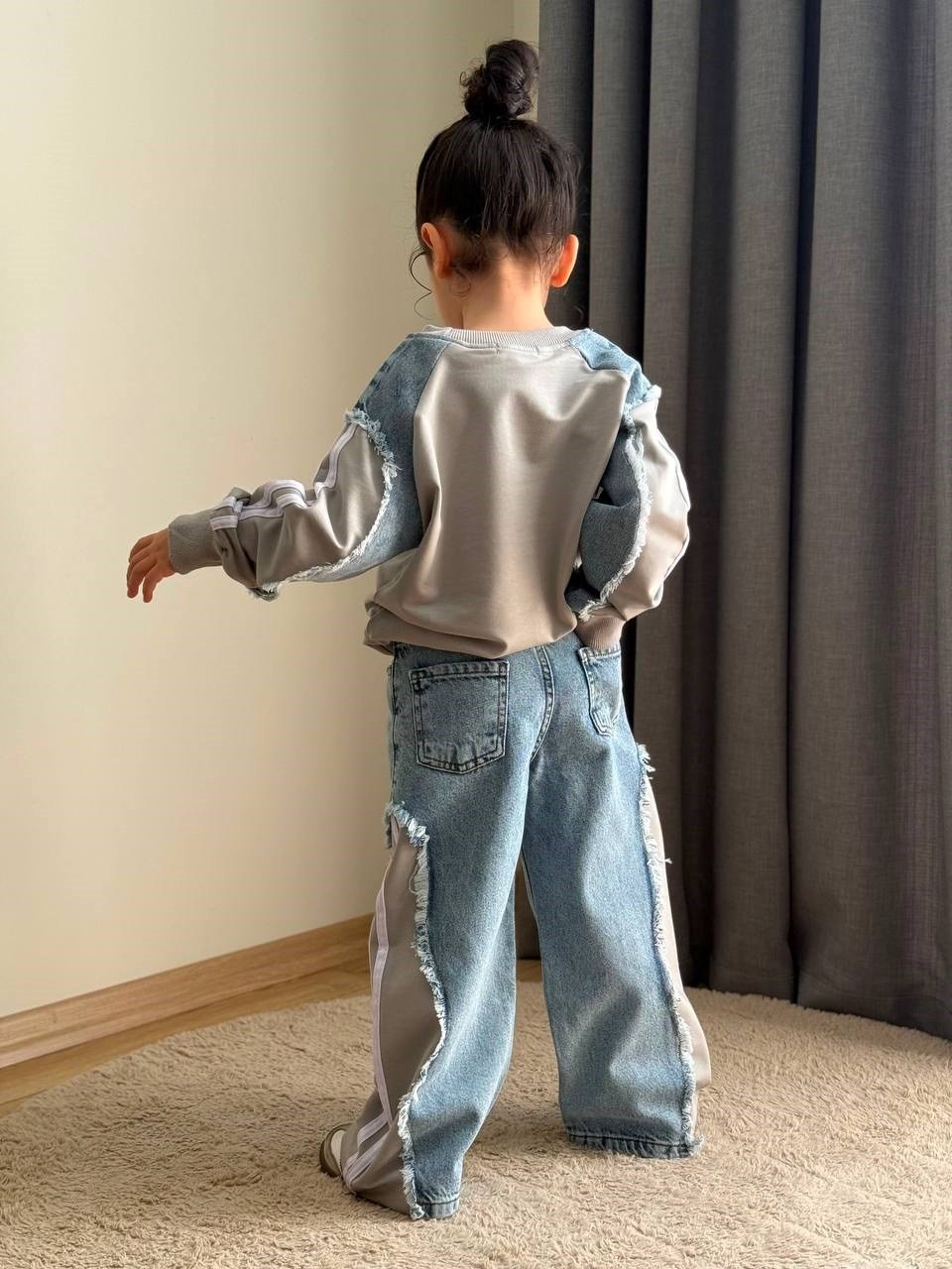 Denim Parçalı Pantolonlu Takım - Gri Mavi