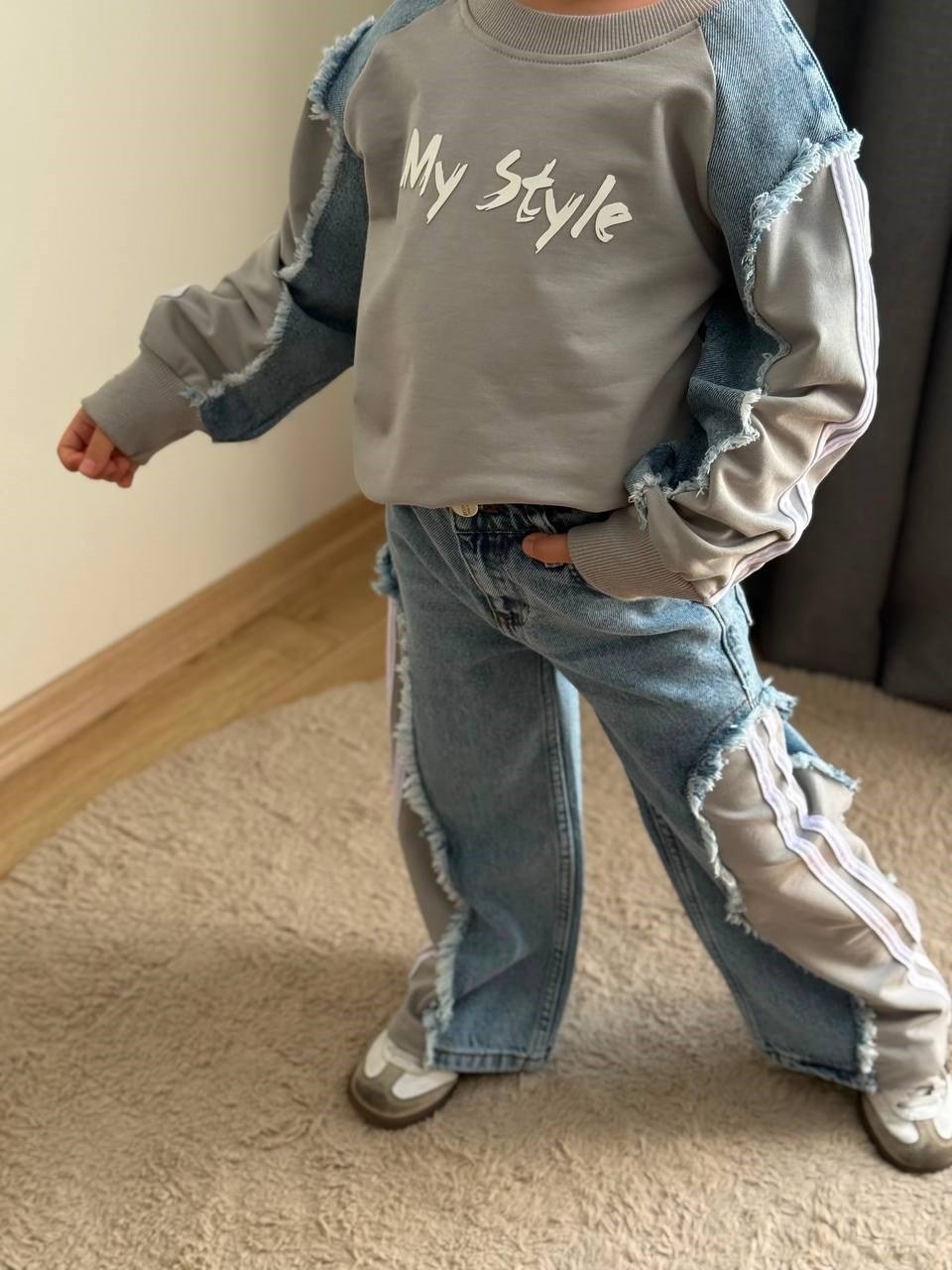 Denim Parçalı Pantolonlu Takım - Gri Mavi