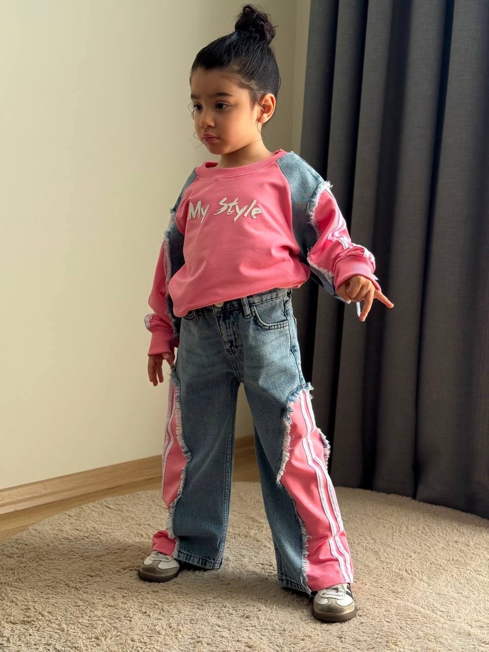 Denim Parçalı Pantolonlu Takım - Pembe Mavi