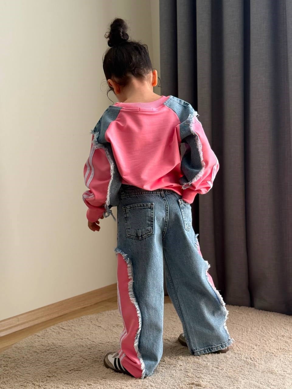 Denim Parçalı Pantolonlu Takım - Pembe Mavi