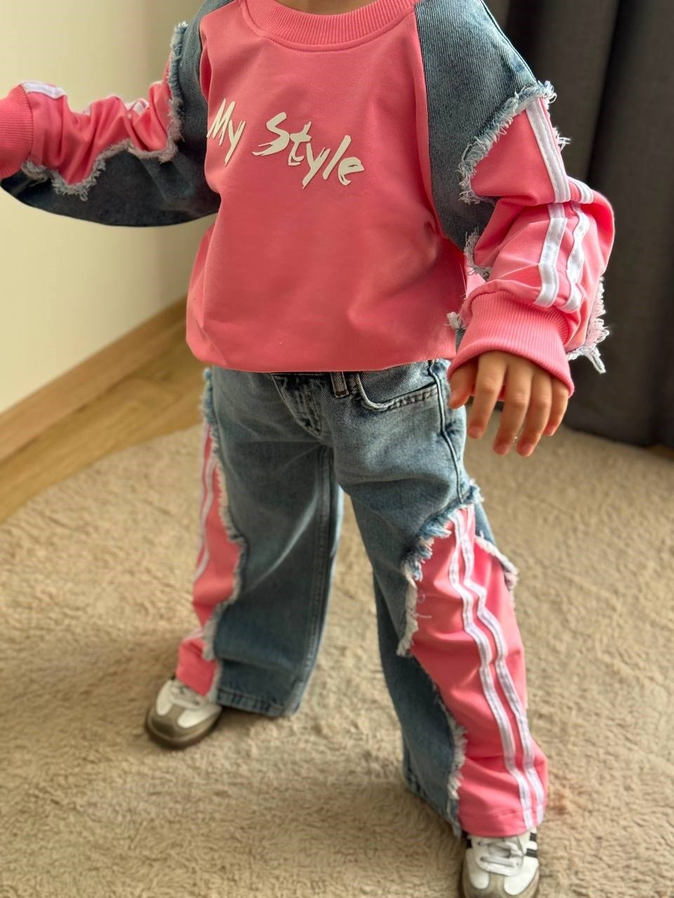 Denim Parçalı Pantolonlu Takım - Pembe Mavi