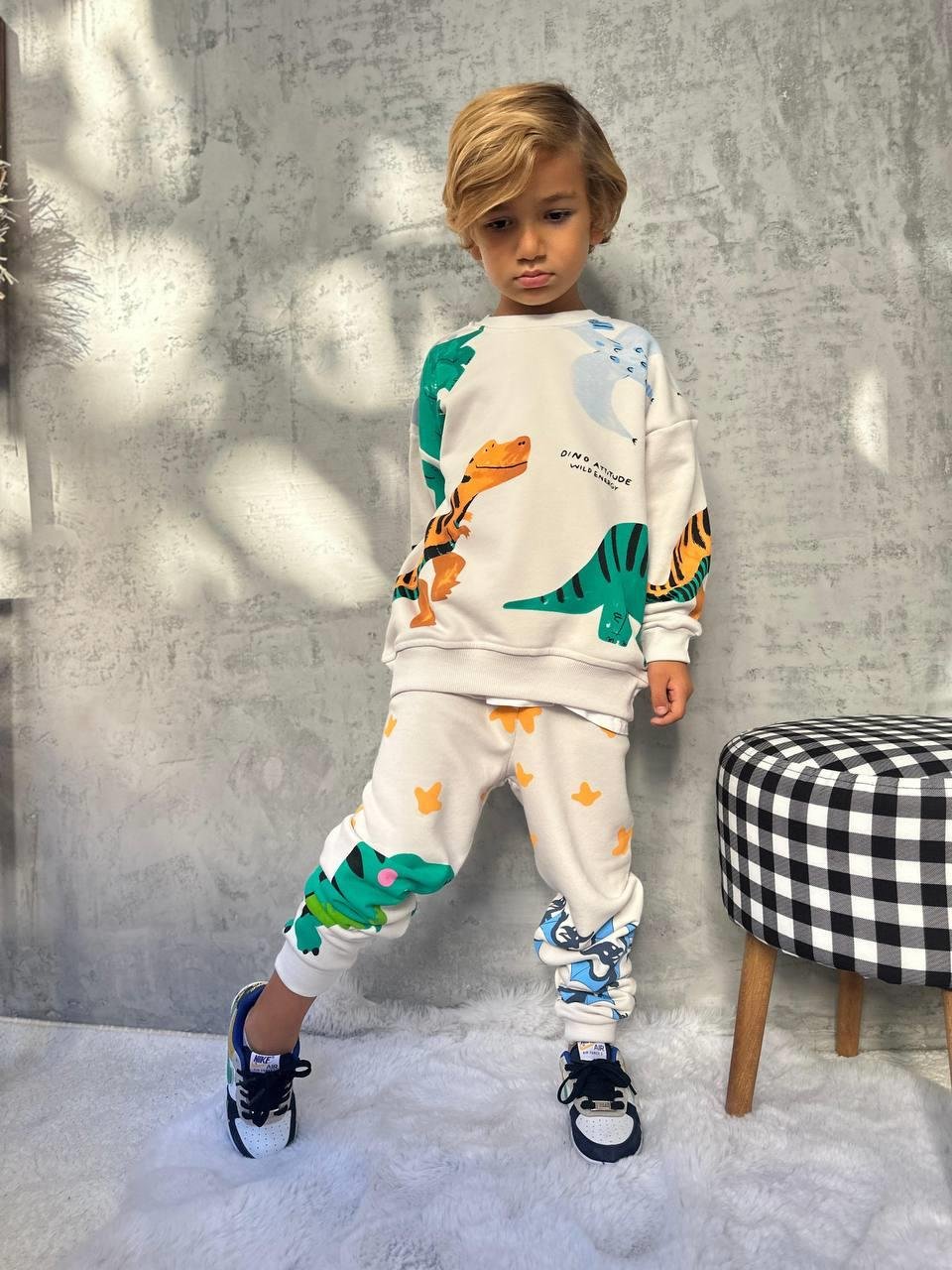 Dinozor Desenli Unisex İkili Takım - Krem