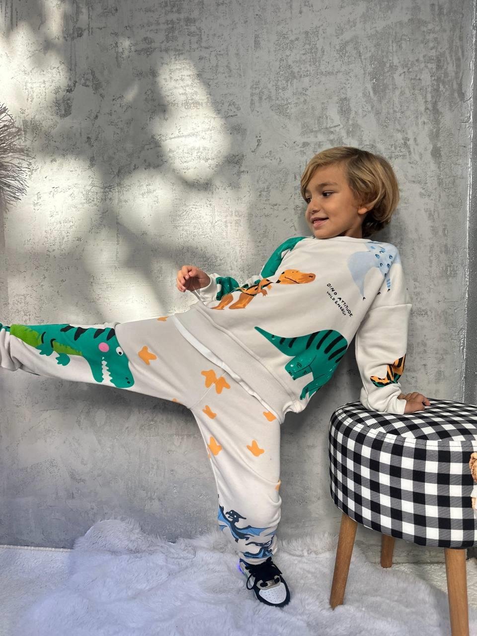 Dinozor Desenli Unisex İkili Takım - Krem