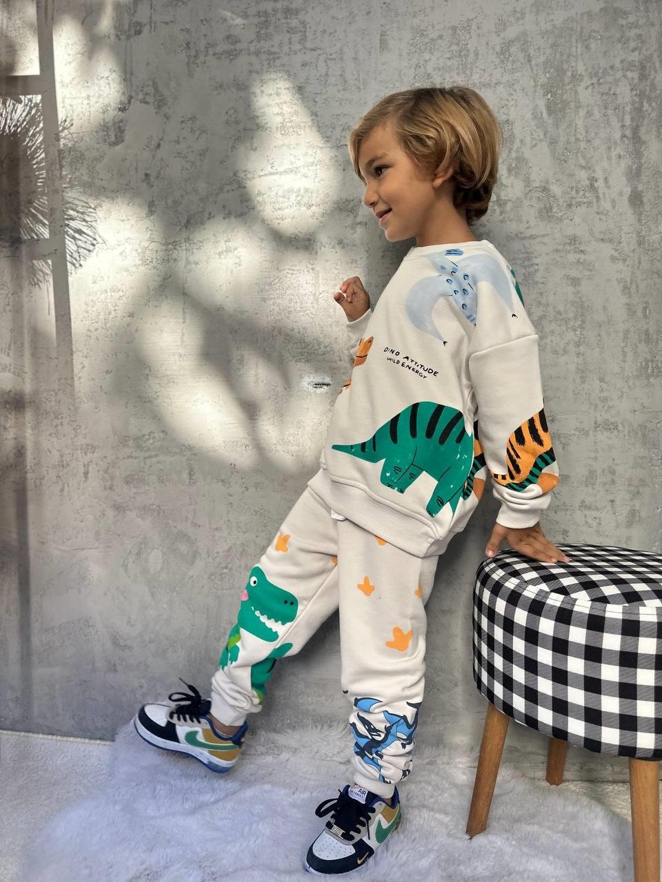 Dinozor Desenli Unisex İkili Takım - Krem