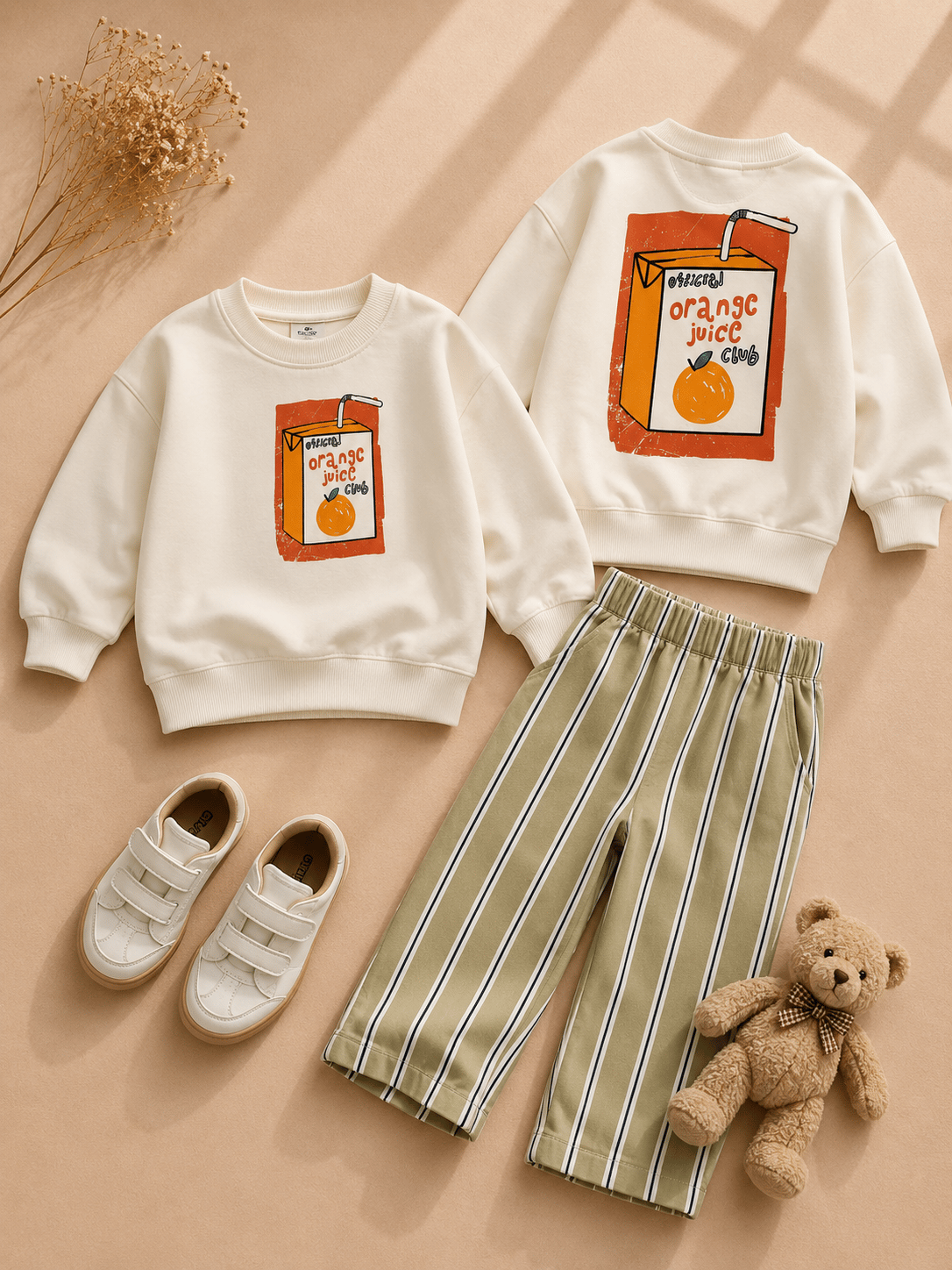 Erkek Çocuk Orange Baskılı Sweatshir ile Çizgili Pantolonlu 
