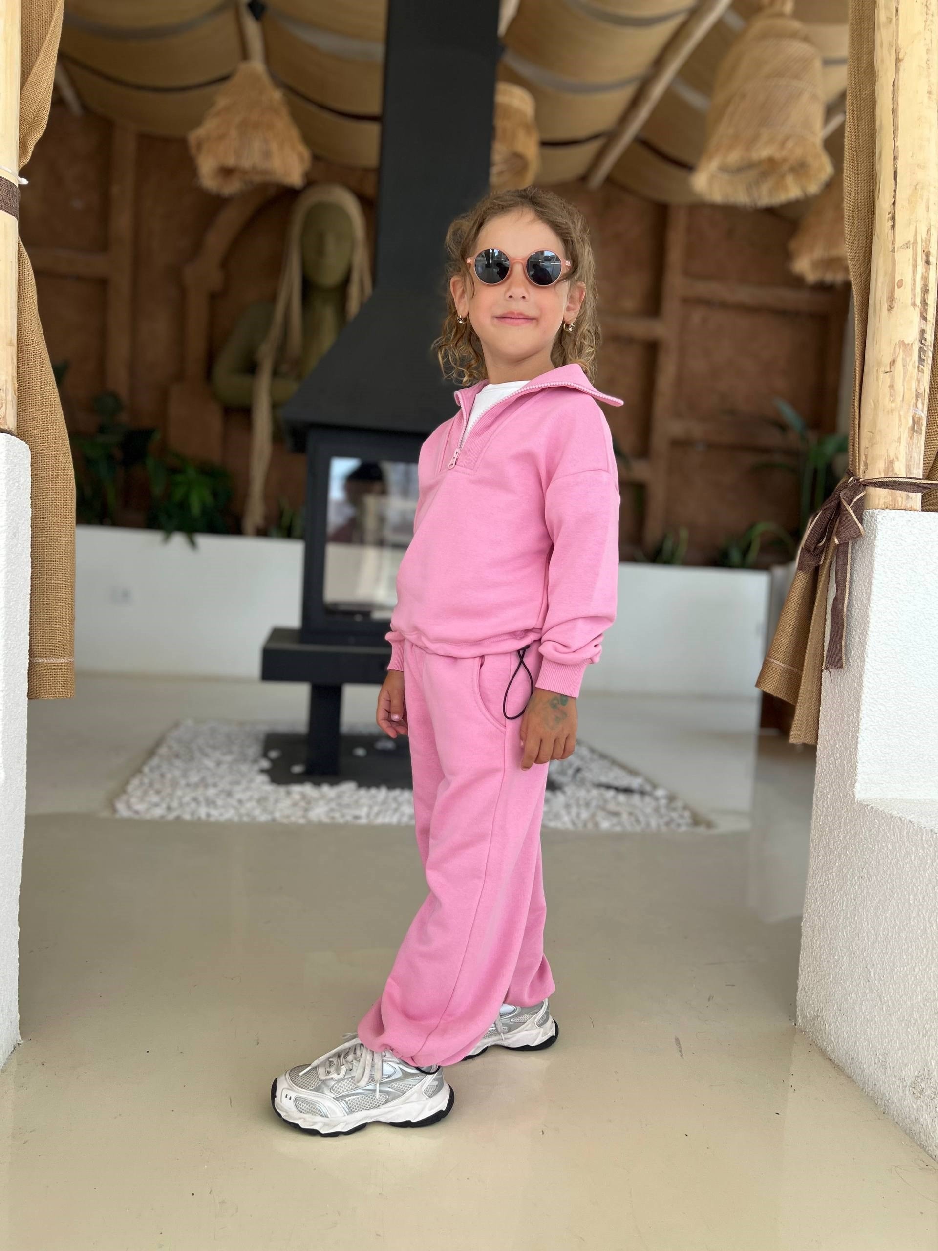 Fermuarlı Balıkçı Yaka Eşofman Takım - Pembe
