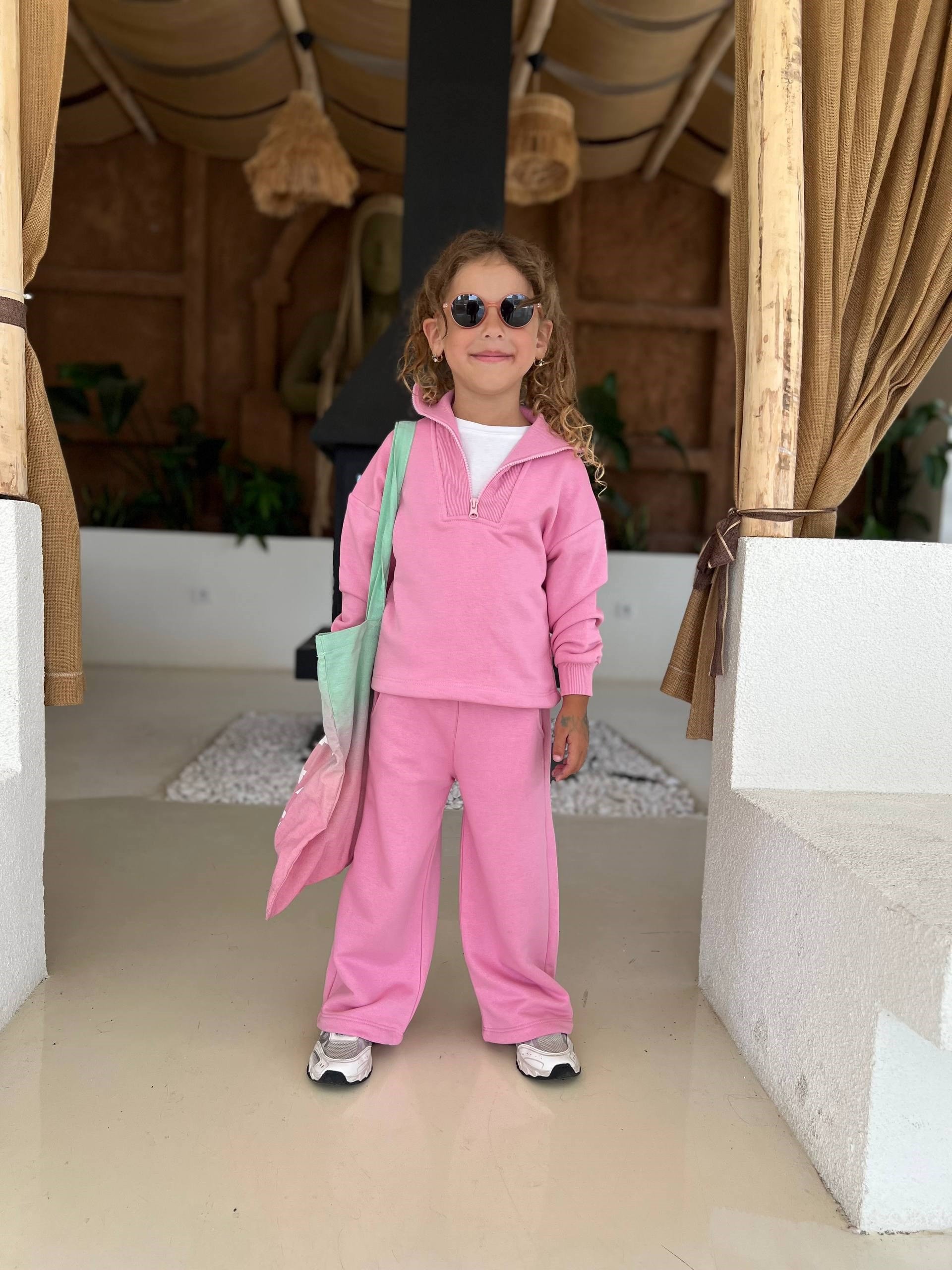 Fermuarlı Balıkçı Yaka Eşofman Takım - Pembe