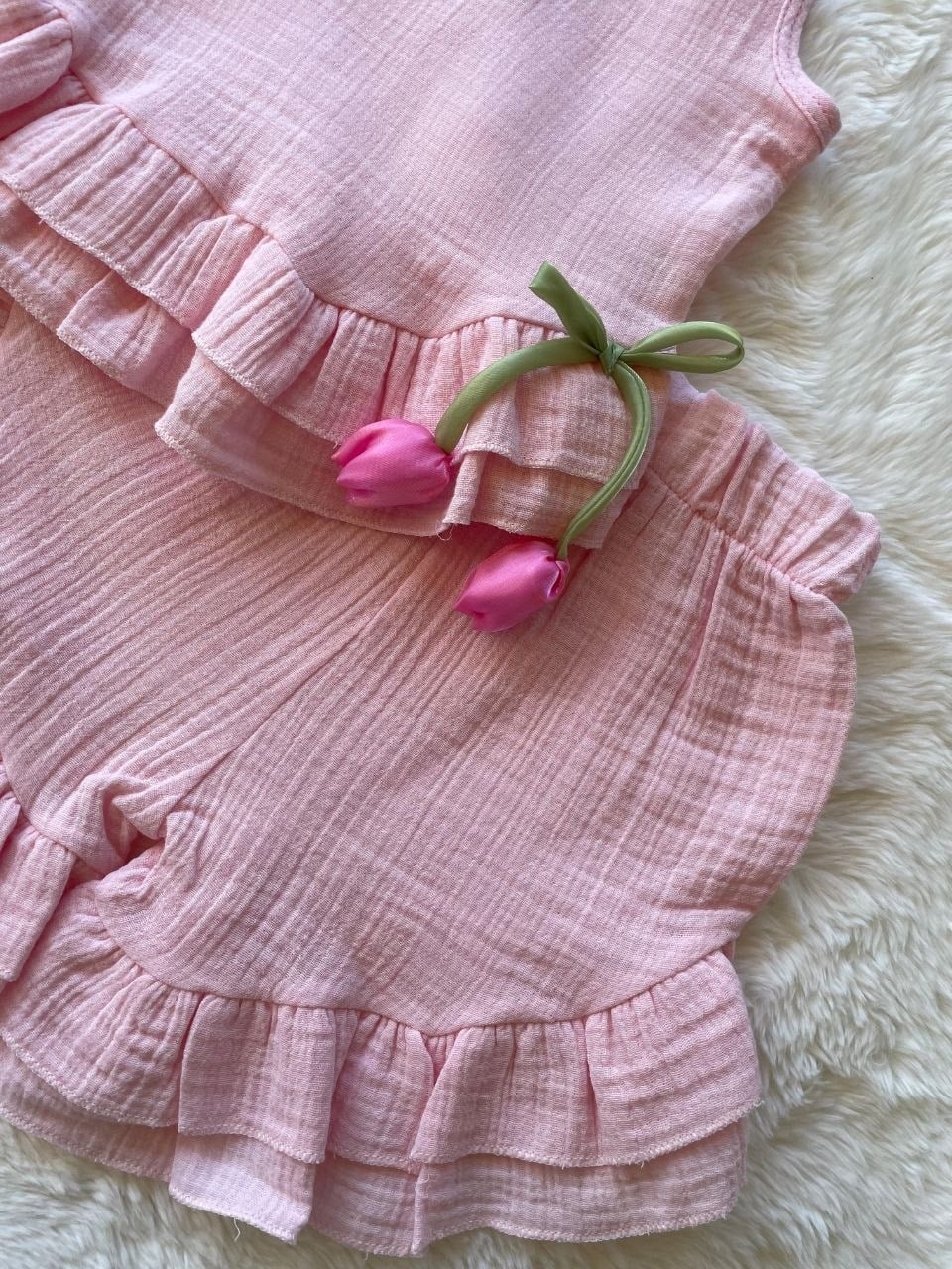 Fırfır Detaylı Lale Aplikeli Kız Çocuk 2'li Takım - Pembe