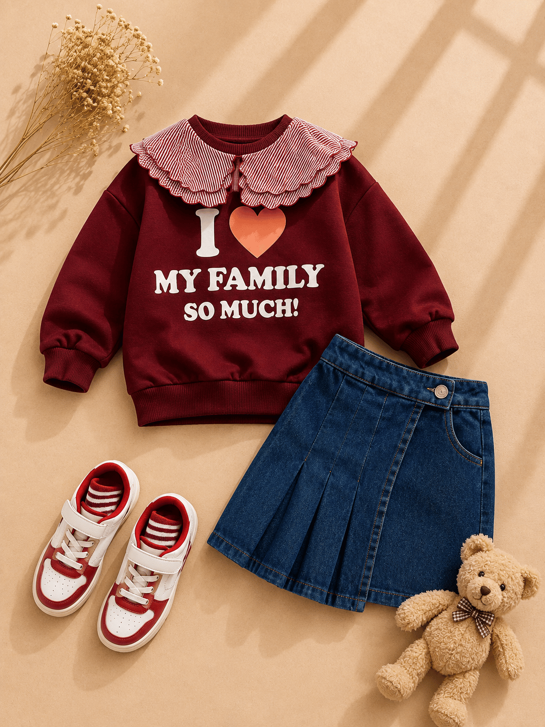 Gömlek Uçlu Sweatshirt İle Kot Şort Etek - Bordo