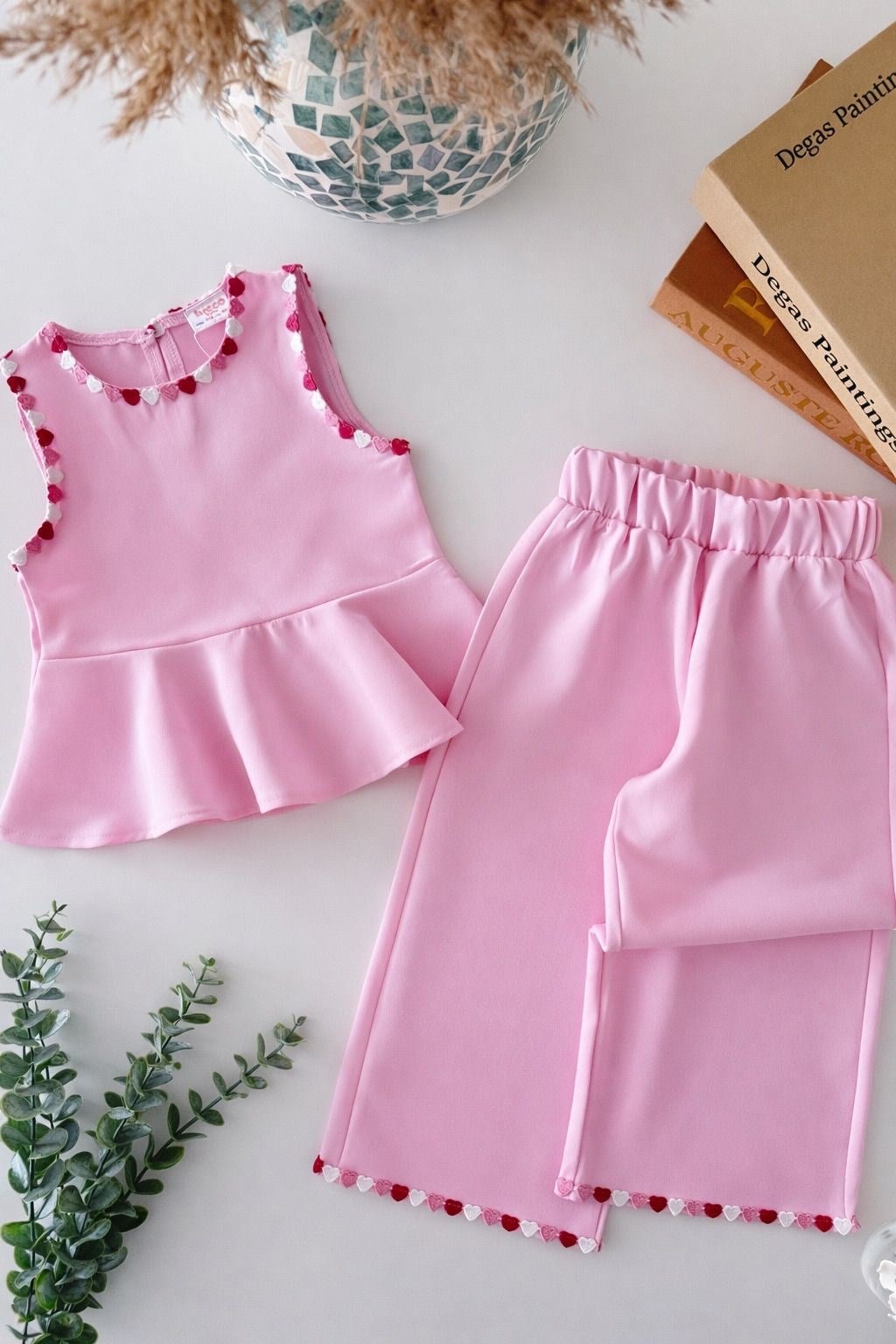 Kalp Detaylı Keten Takım - Pembe 