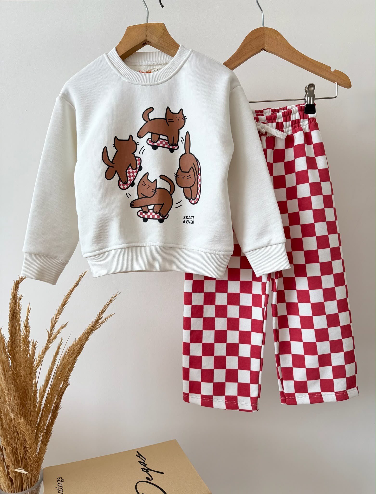 Kedi Desenli Dama Kumaş Unisex 2'li Eşofman Takımı 