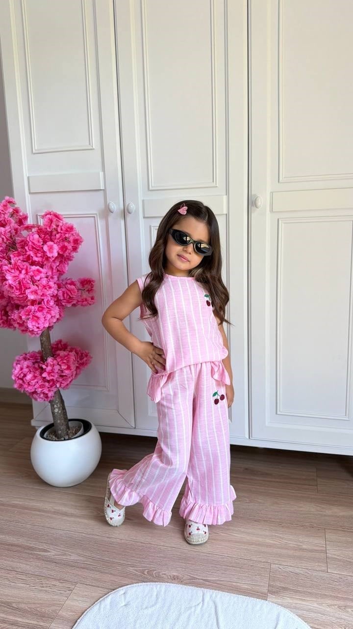 Kirazlı Çizgili 2'li Takım - Pembe