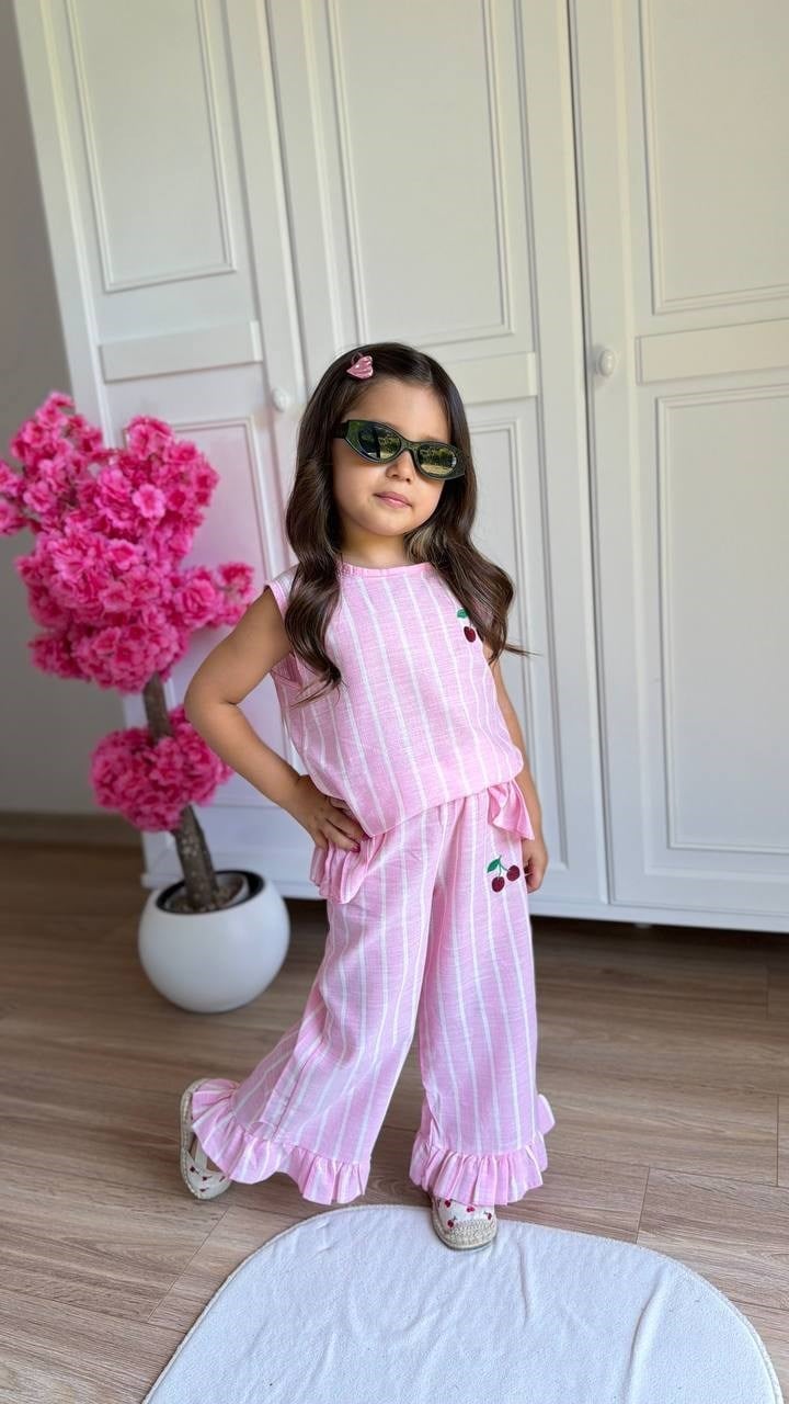 Kirazlı Çizgili 2'li Takım - Pembe