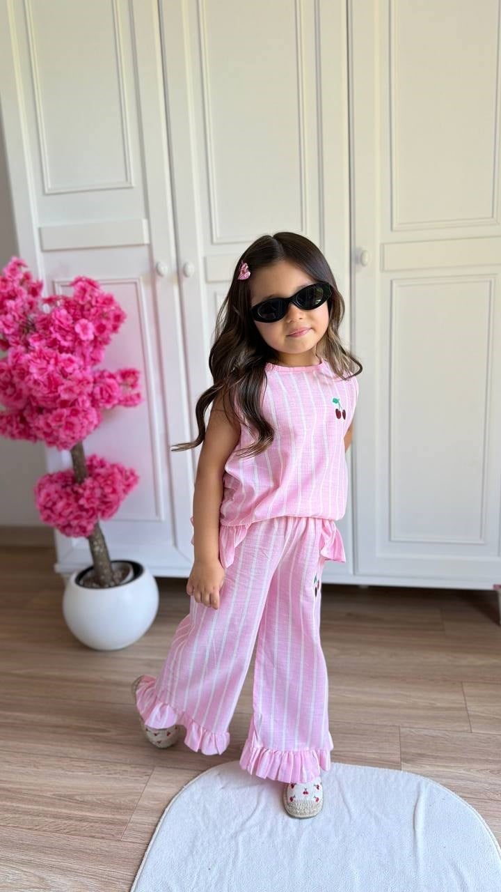 Kirazlı Çizgili 2'li Takım - Pembe
